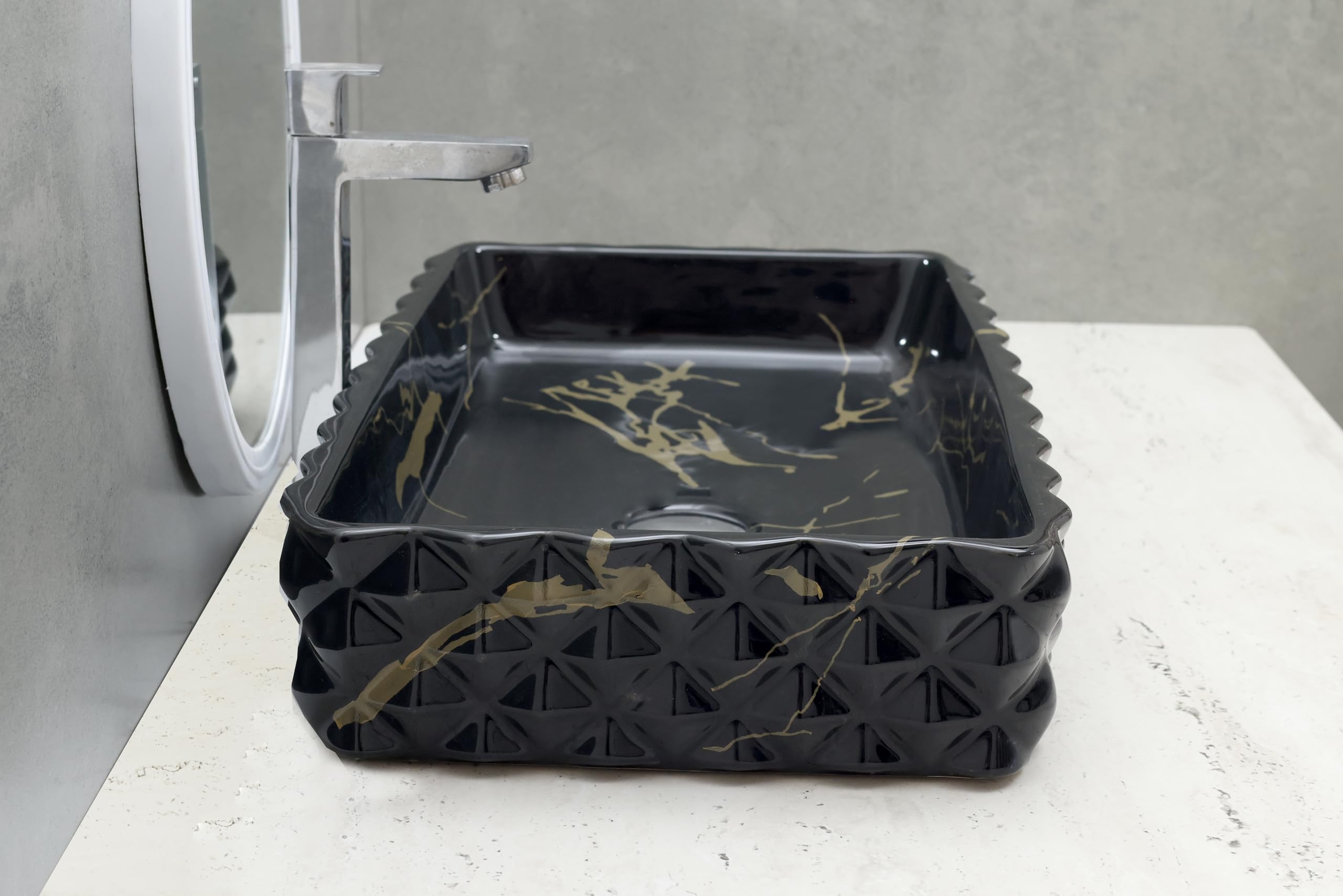 HISRE Designer Glossy Finish Table Top Wash Basin Vessel Sink with Slim Rim Vessel Sinks For Bathrooms (Deer Design Wash Basin, 24 x 14 x 4.5 Inch) (Style - 1) DM4604, photo 3 of 4
