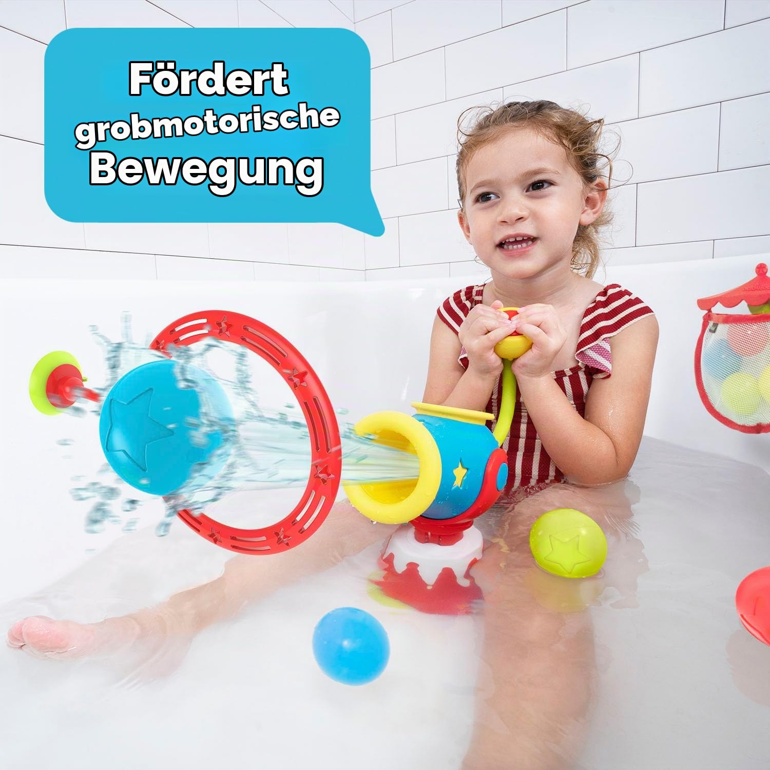 Yookidoo Kinder Badespielzeug – Wasserkanonen-Ball Blaster Spiel für die Badewanne mit 5 Bällen & Zielring – Handbetriebene Pumpe – für Kinder von 3–6 Jahren