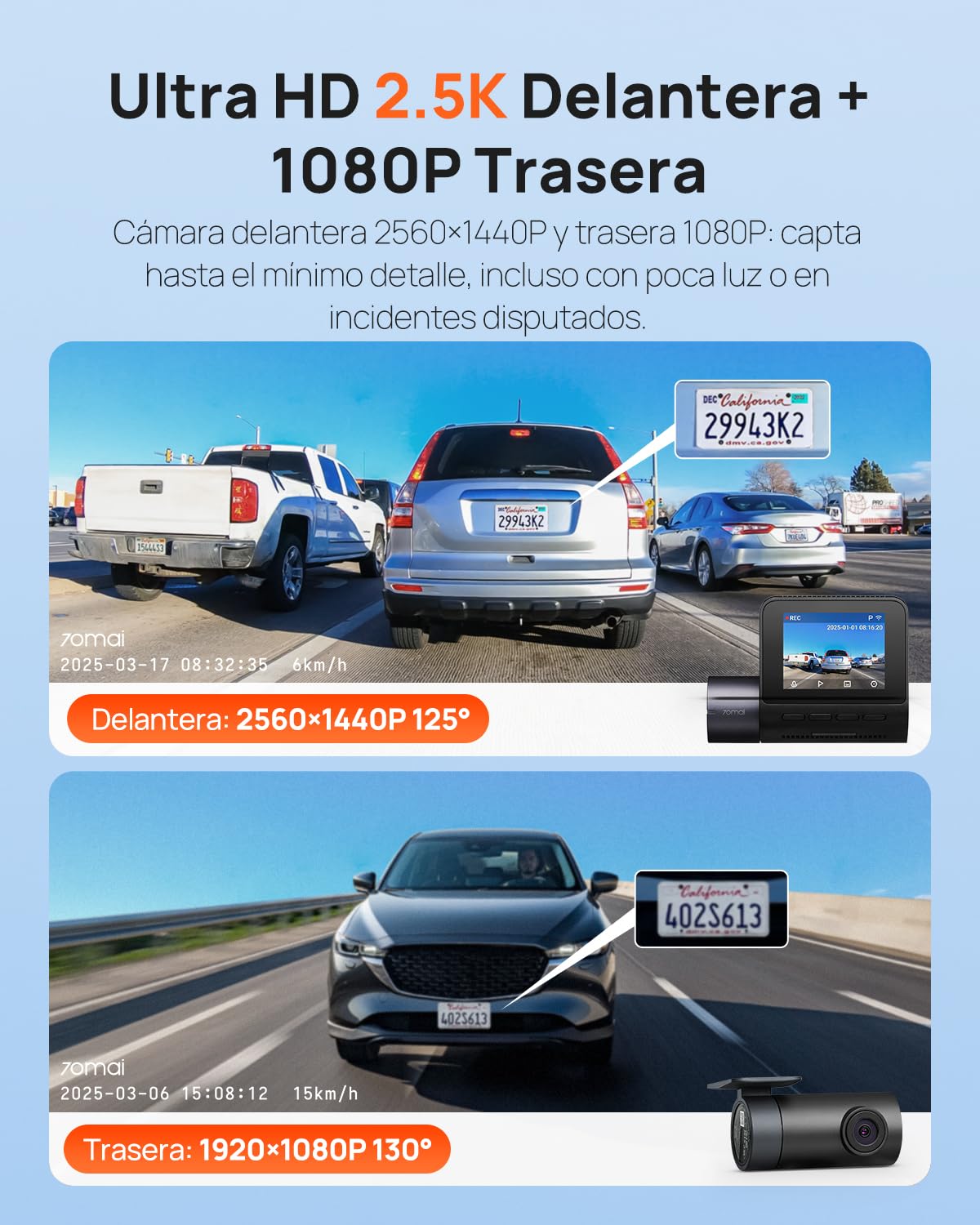 70mai Cámara de salpicadero 2.5K A410, cámara de salpicadero delantera y trasera