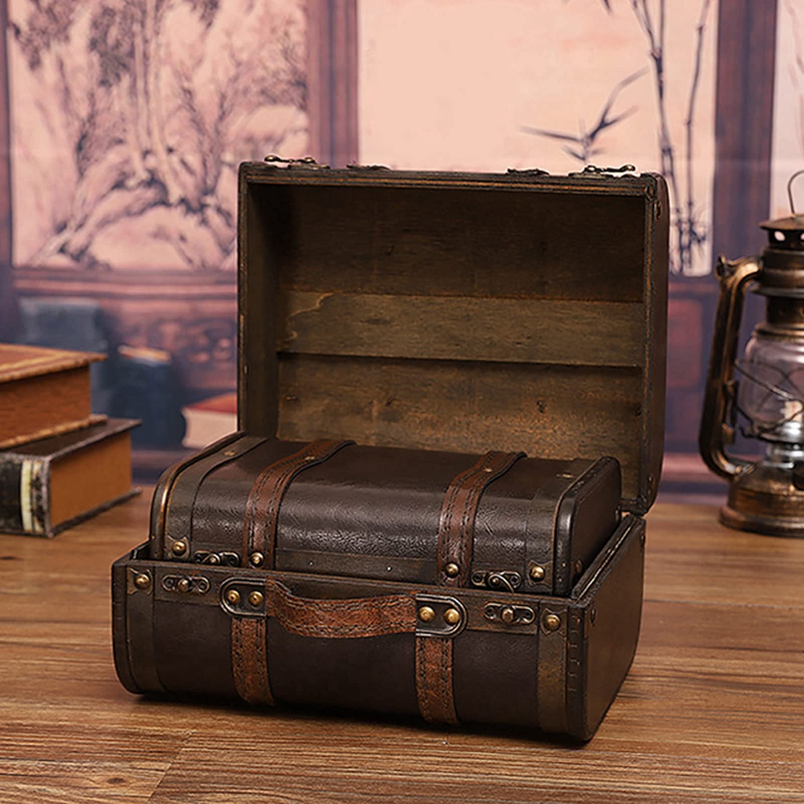 Wakects Holz-Aufbewahrungsbox, Retro-Koffer, Großes Fassungsvermögen, Personalisierter Holzkoffer mit Schloss für Studio-Dekoration, Schaufenster, Fotografie-Requisiten, 23,9 X 17,3 X