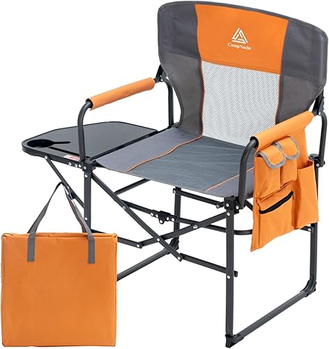 Silla de director plegable ancha con mesa, silla de campamento al aire libre para adultos con soporte para tazas, carga de 330 libras, silla ligera