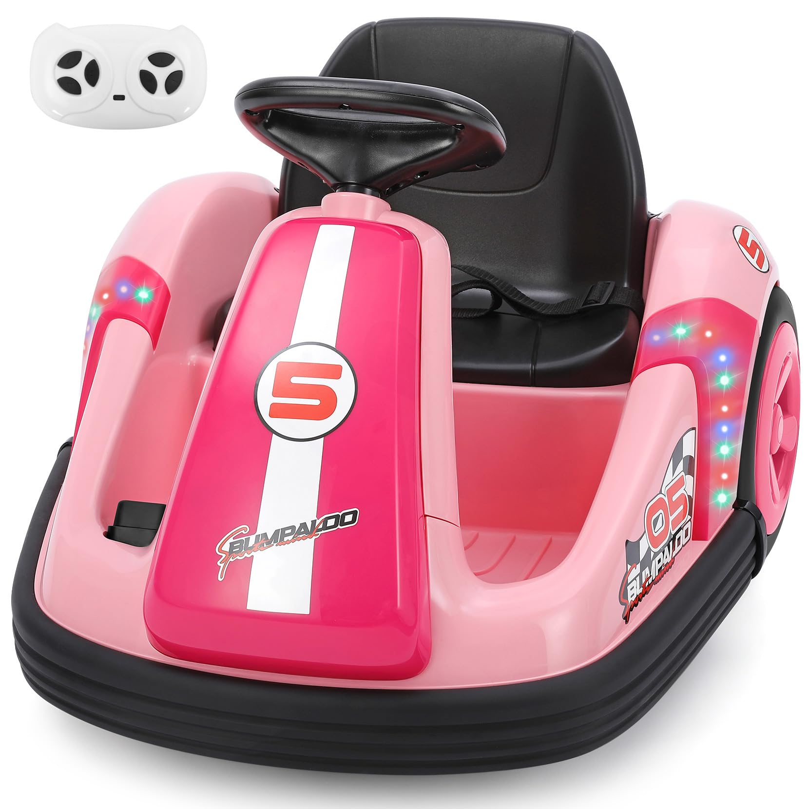 ELEMARA 12V Baby Bumper Car with Big Wheel, Bumper Cars for Kids with Remote, 2.2 Mph Max, Kids Ride On Car with DIY Stickers,360 Degree-Spin, Music, Bluetooth,LED Lights, Pink