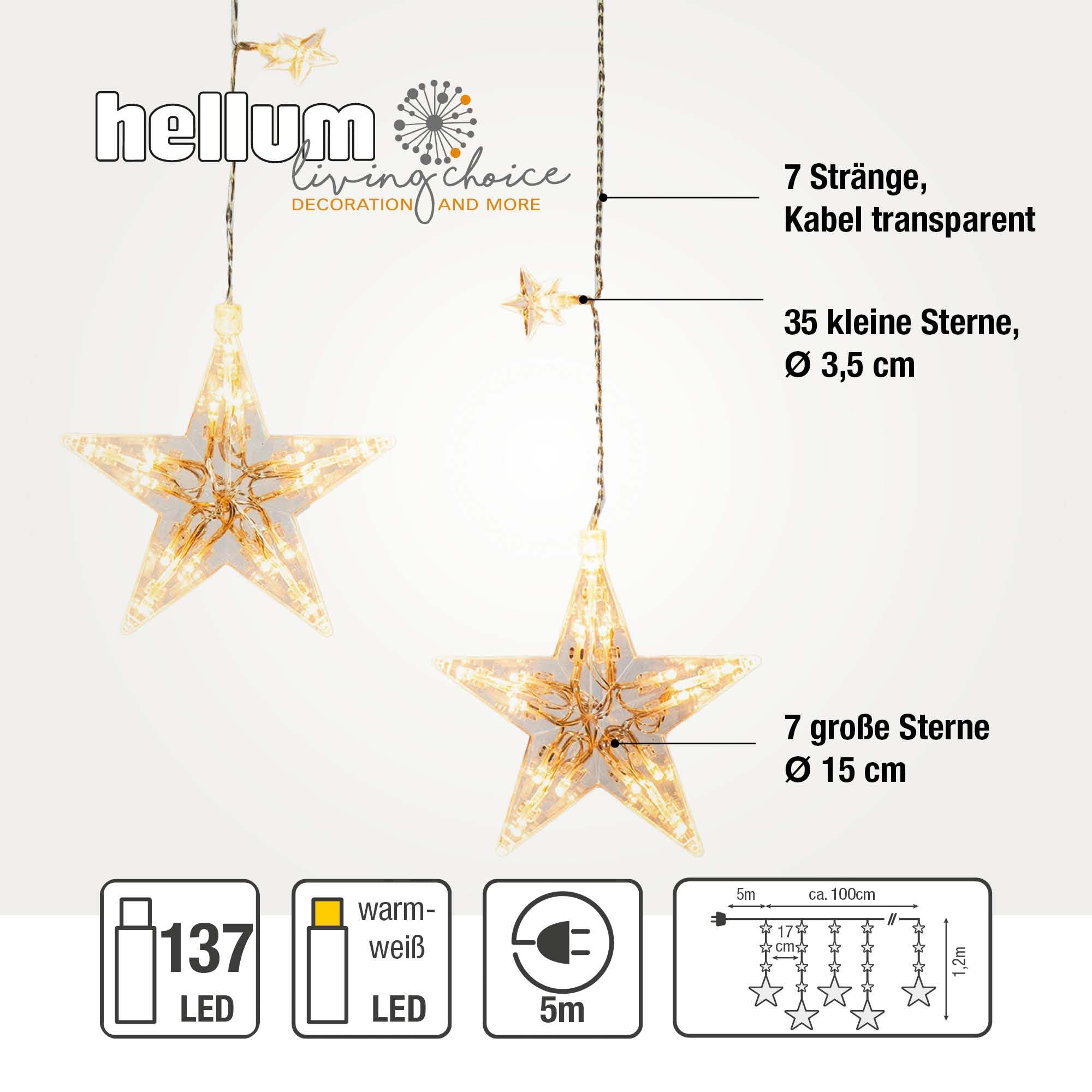 hellum Lichtervorhang innen mit 137 LEDs und 42 leuchtenden Sternen, 7 Stränge, Lichterkette innen 1,00 m beleuchtete Länge, warmweißes Licht, mit Timerfunktion, Weihnachtsdeko <59 lm 579413