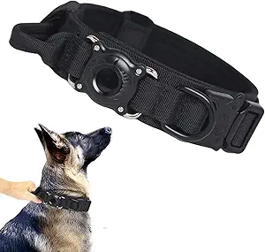 Xqpetlihai Tactical Dog Collar with Airtag Holder Waterproof Airtag Dog Collar with Control Handle and Metal Buckle(Black，L