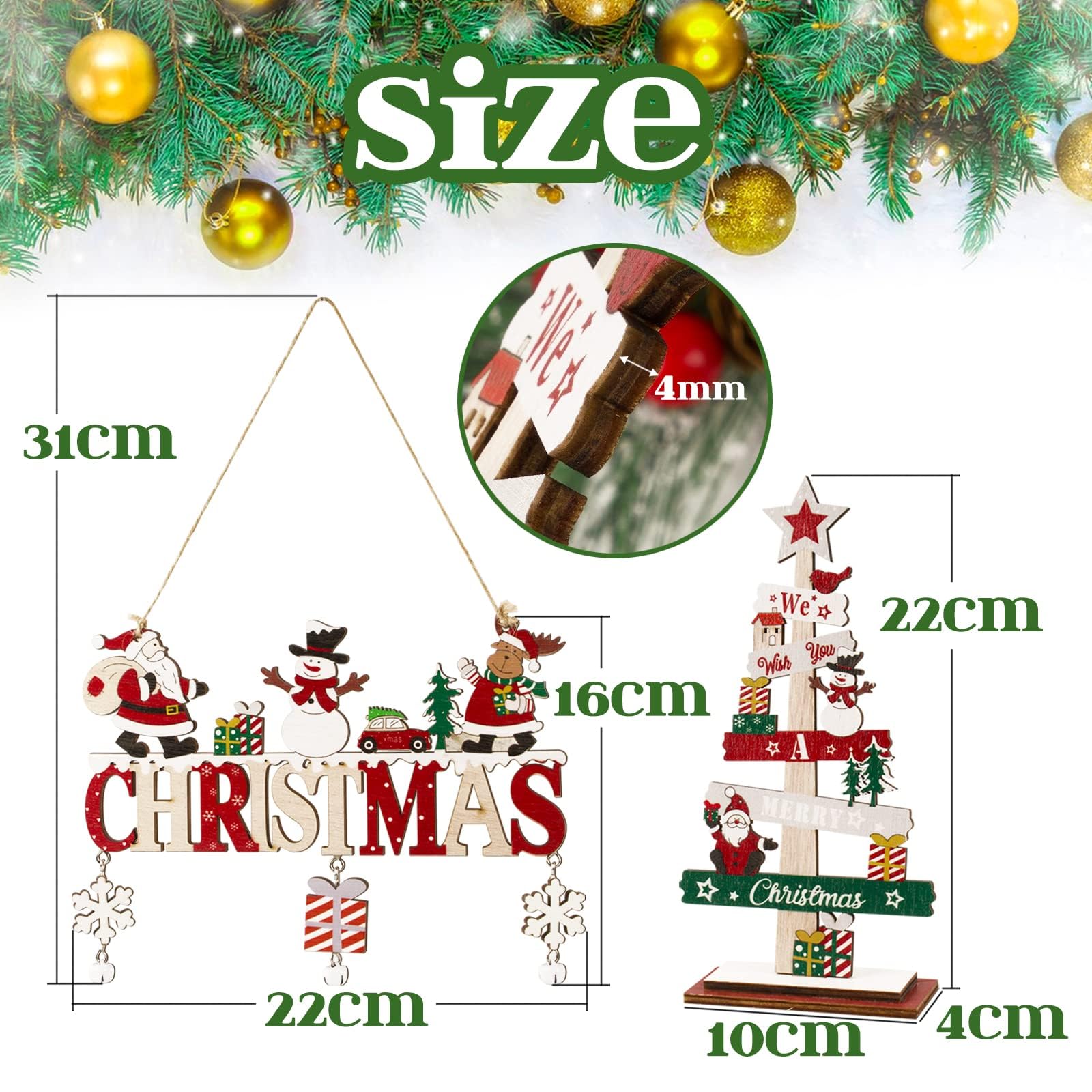 Weihnachts Holz Schild 'Merry Christmas' 21cm - Tischdekoration Mit Weihnachtsmann & Schneemann