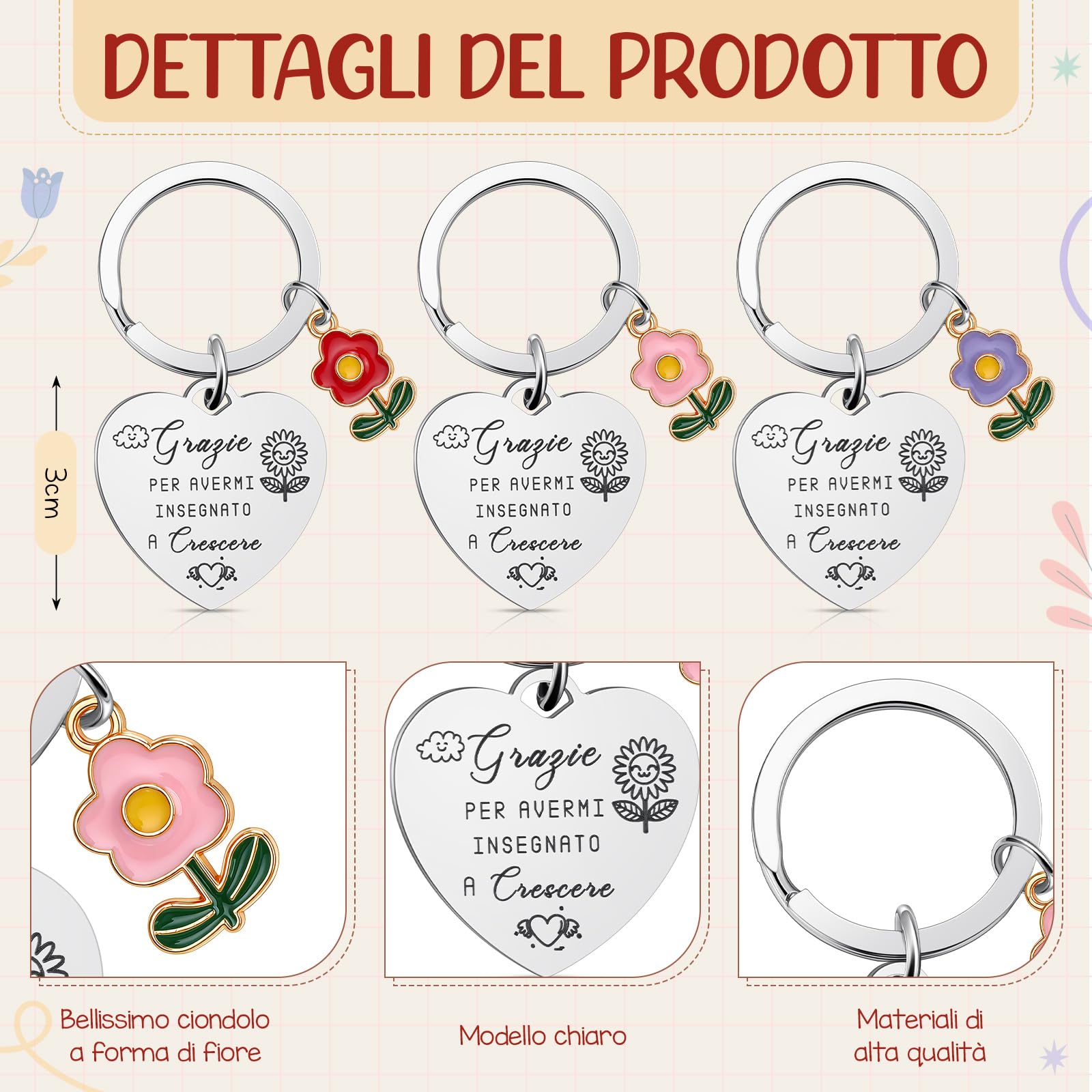 Jetec Regalo per Insegnante 3 Pianta Uncinetto con Fiore 3 Portachiavi con Ciondolo a Forma di Fiore 3 Biglietti di Auguri in Carta Kraft Maestra Feste e Celebrazioni Scolastiche