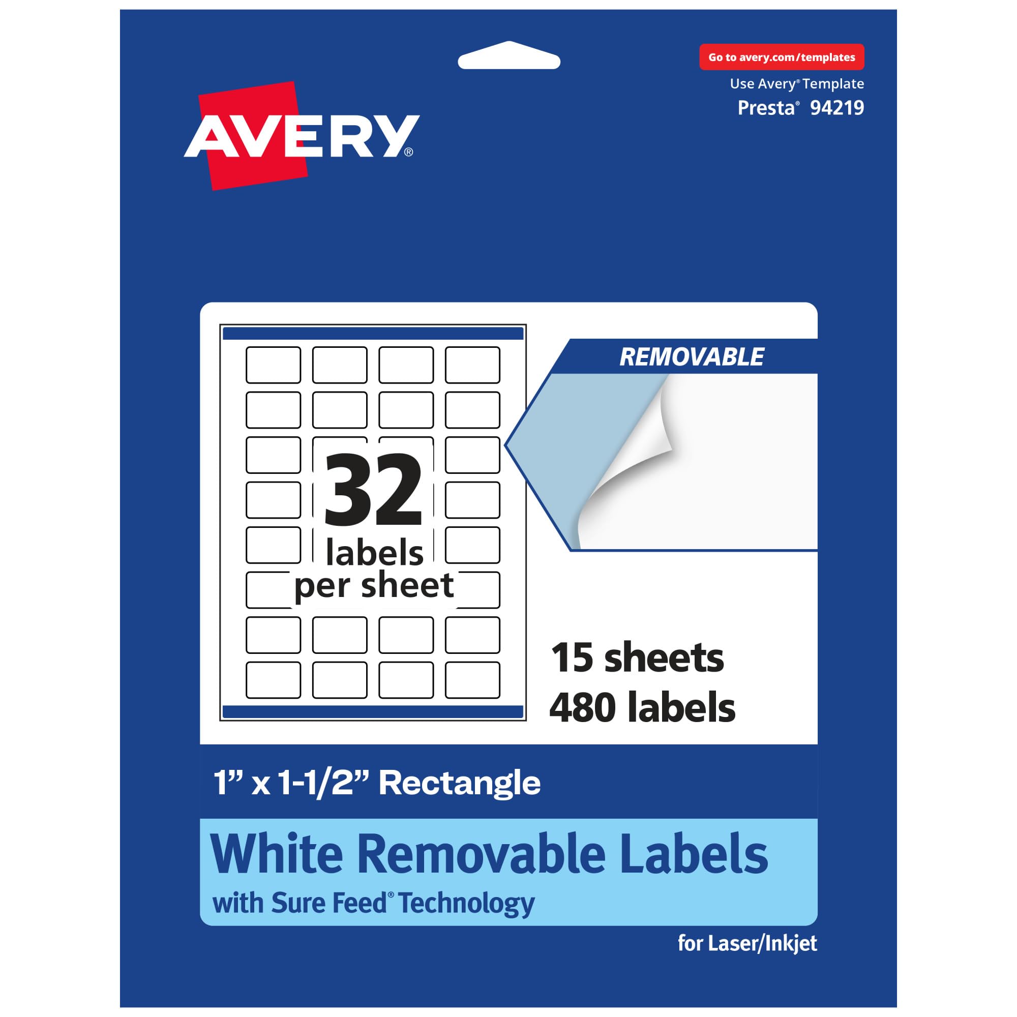 Avery Matte White Removable Rectangle Labels, Sure Feed Technology, Print-to-The-Edge, 1" x 1.5", 480 Removable Labels, Laser/Inkjet Printable