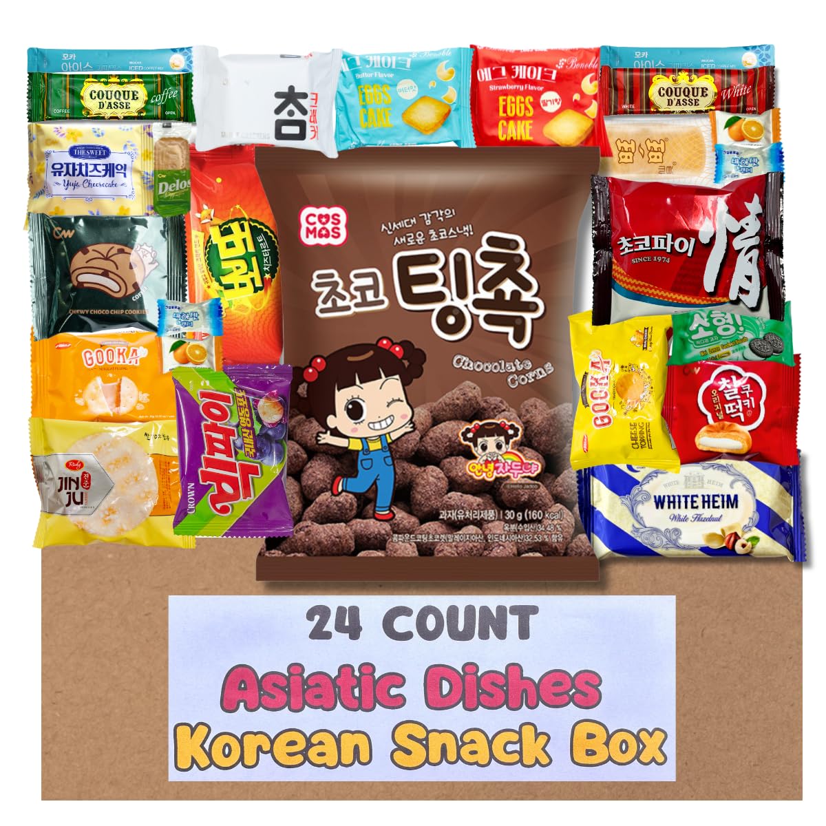 Asiatic Dishes Korean Snack Box – 24 Count Variety Pack with Cookies, Crackers, Coffee Mix, and Candy – Gift Care Package for Adults, Kids, and College Students