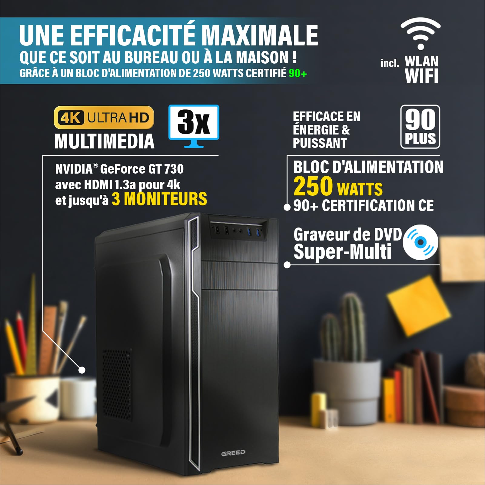GREED® Intel Core 12th Gen - Multimedia PC - Ordinateur Rapide Le Home Office - Desktop avec 4,0 GHZ - 16GB RAM - 240GB SSD + 1TB HDD - DVD+RW - USB3.0 - WLAN - Windows 11 Pro Inclus