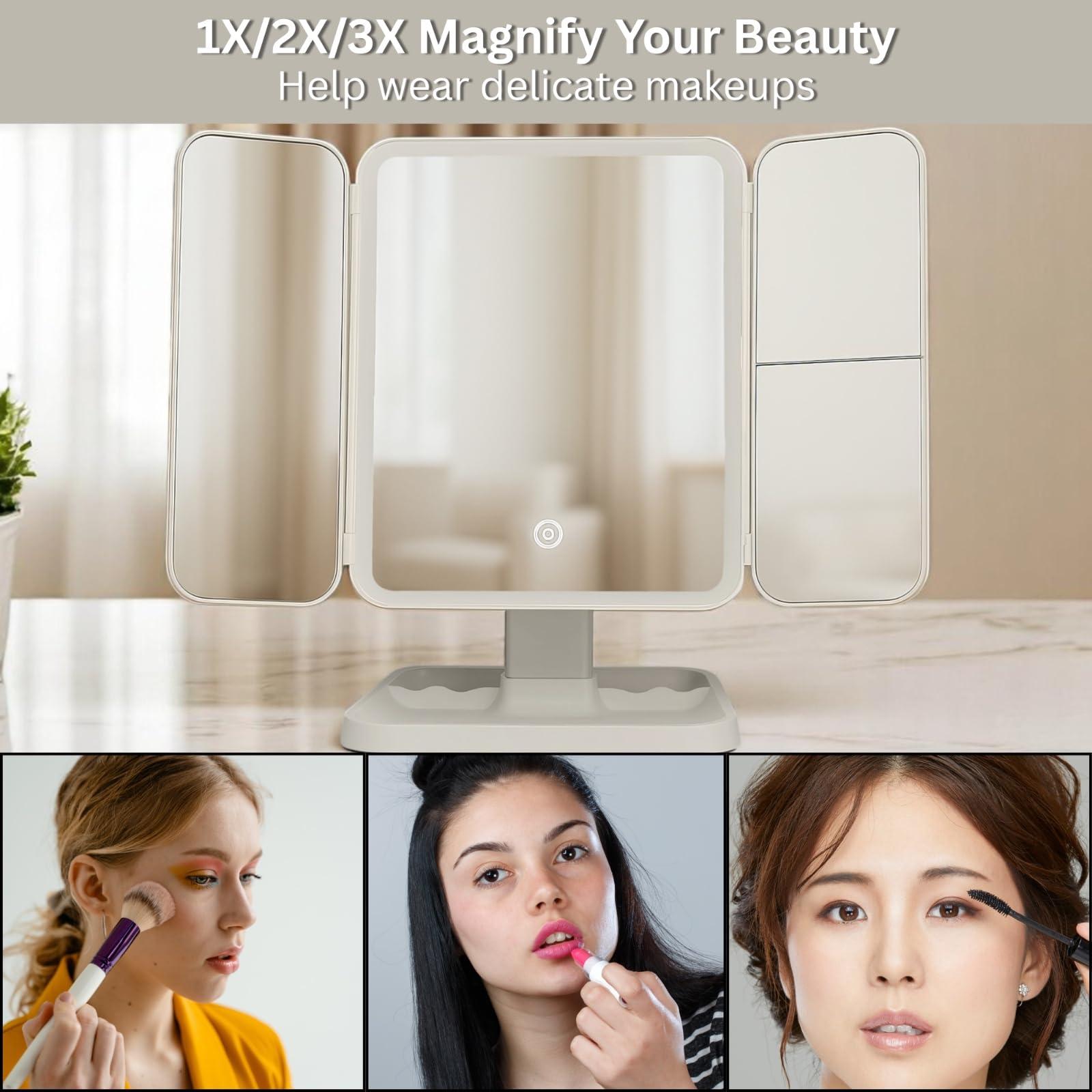 SELLSHO Plastic Rectangular LED Makeup Mirror with Adjustable Trifold Angle and LED Lights | Vanity Mirror with 3 Adjustable Coloured LED Light with USB Power and Battery Power (White), Tabletop 2