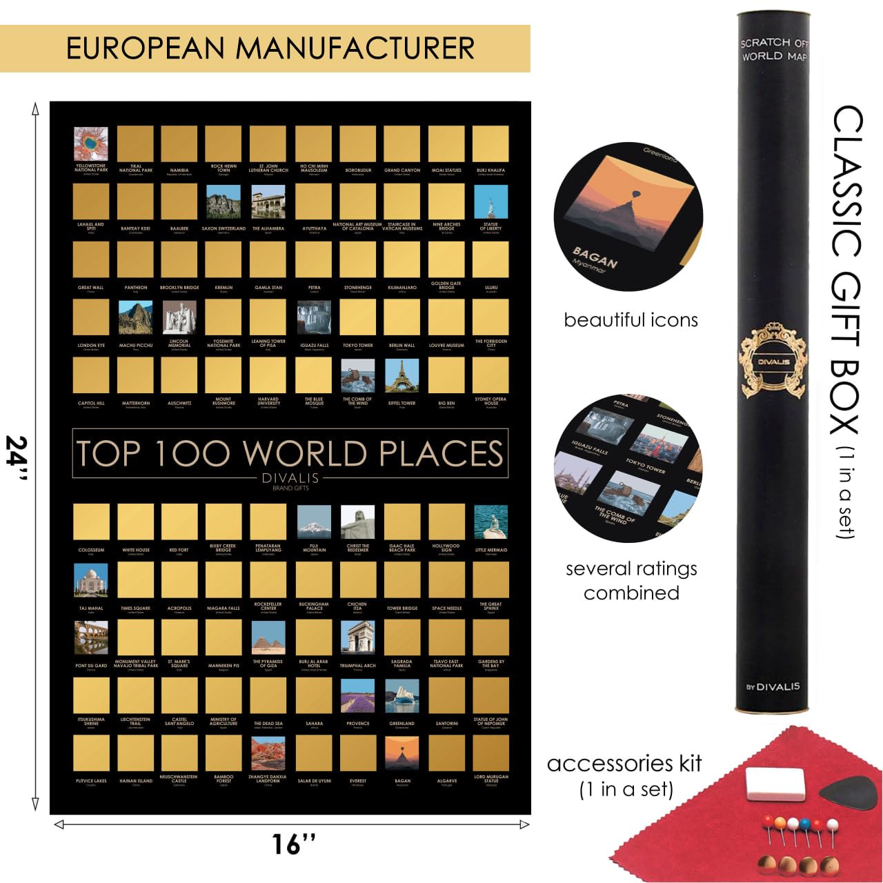 Juego de regalo 2 en 1 – Mapa del mundo para rascar + póster de los 100 lugares para visitar – Paquete de viaje grande para rascar – Mapa de los mejores lugares que he estado para trotamundos – Dos
