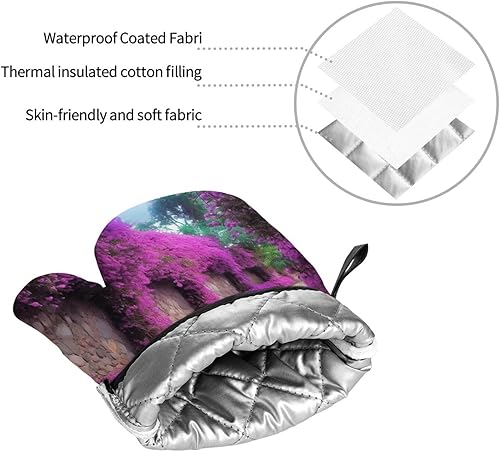 Miniatura 9 de Purple Floral Blooming Path Print Oven Mitts and Pot Holders Heat Resistant Oven Gloves and Hot Pads Gloves Set for Baking