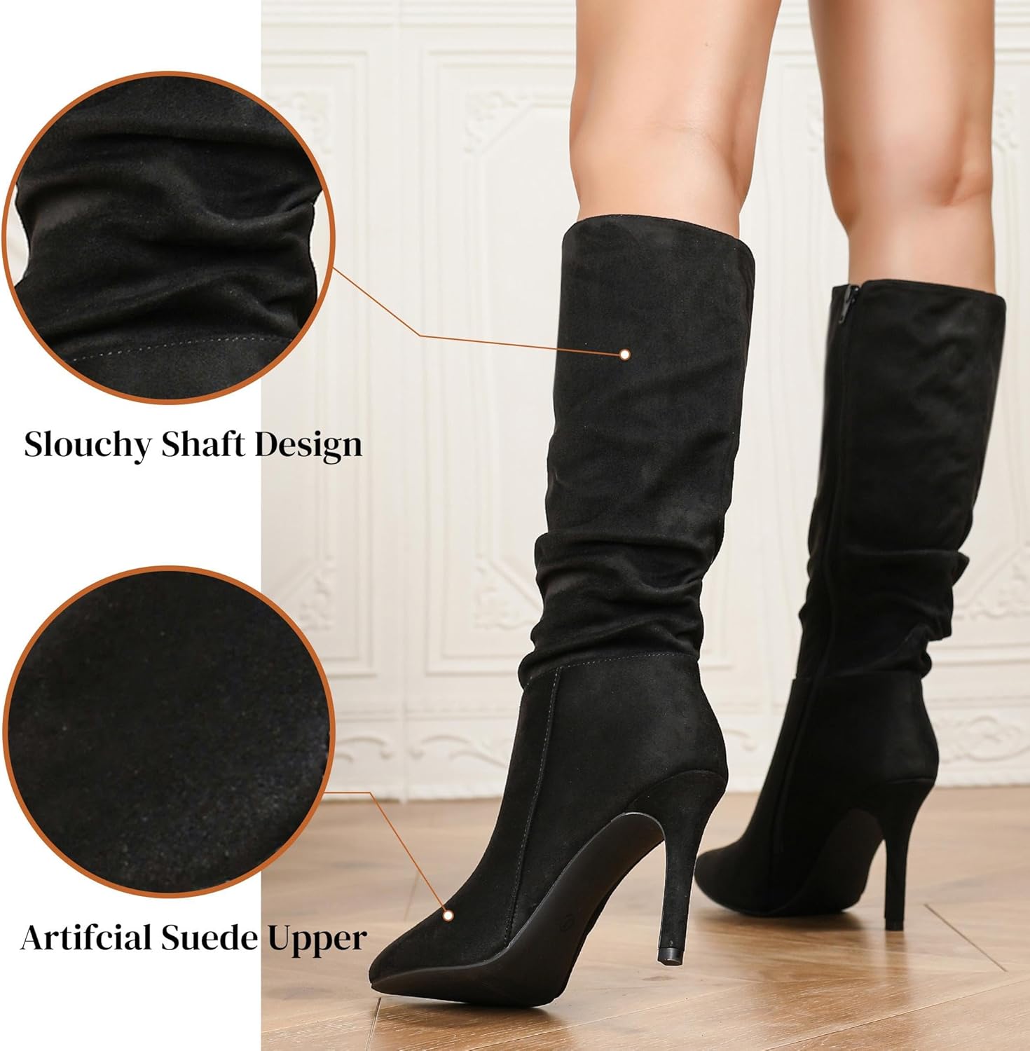 katliu Women Suede Knee High Boots Pointed Toe Stiletto Boot Slouchy Zipper High Heel Boots