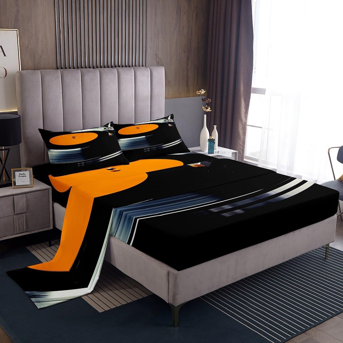 jejeloiu 83s Retro Vinyl Record Bedding Set Full Size Music Bed Sheets Set for Boys Girls Children Vintage Record Player Music Notes Musician Fitted Sheet Room Decor Breathable Soft All Season 4Pcs