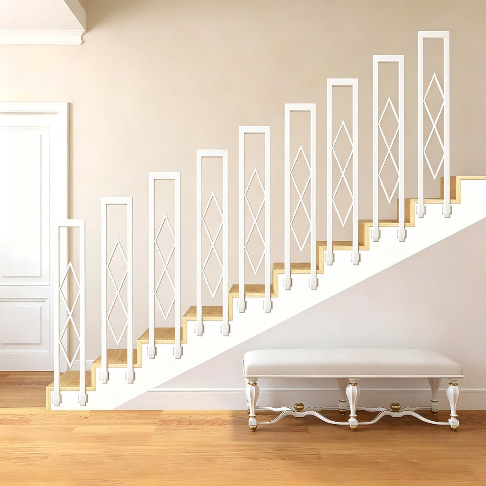 Side Mount Stair Railing Handrail for Outside Steps 55cm 75cm 85cm 90cm 100cm Metal Square Tube Stair Handrail Front Porch Hand Rail Fits 1 Step, Grab Rails(White,55cm/22in)