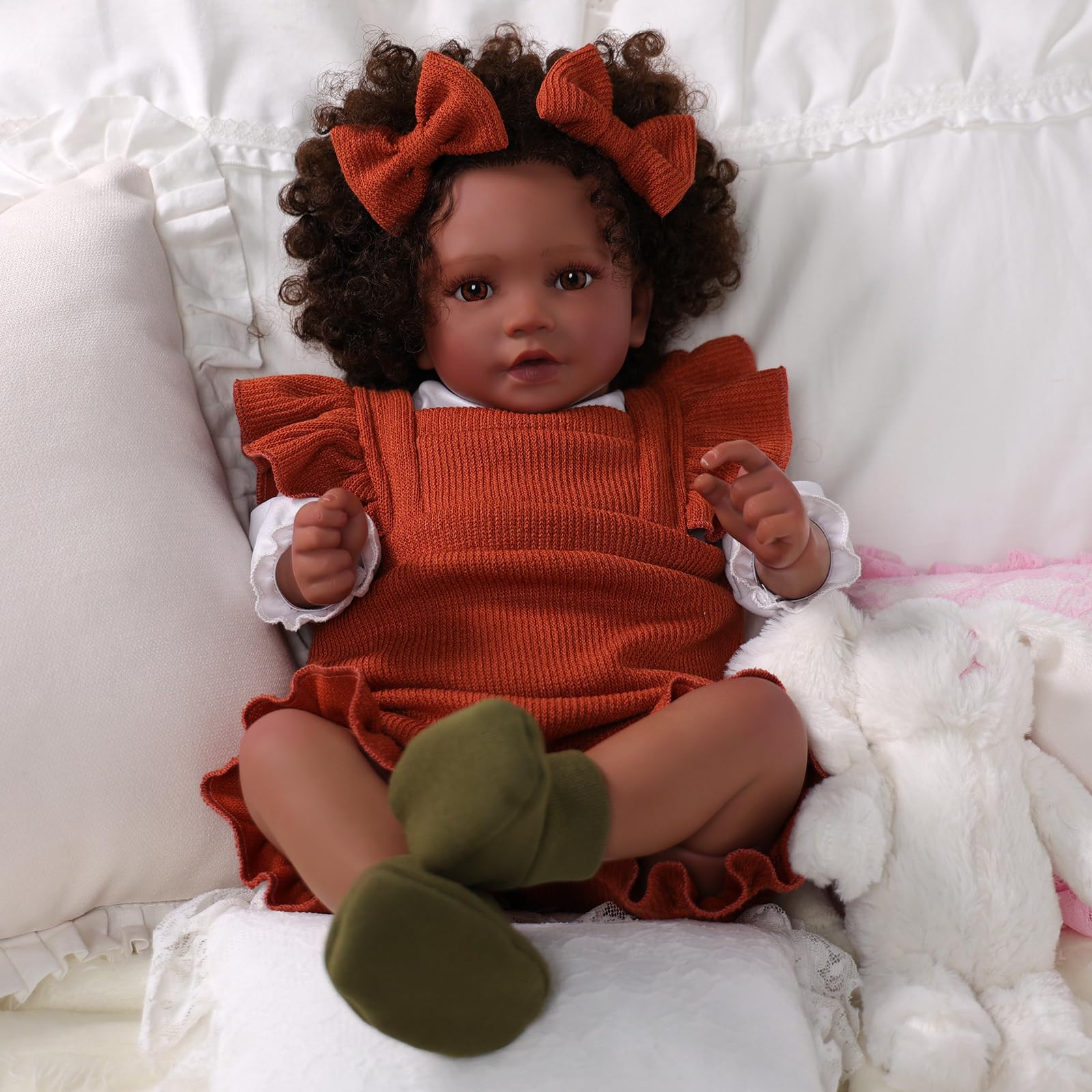 Bebé reborn de pele negra BABESIDE, menina de 50 cm com cabelo encaracolado