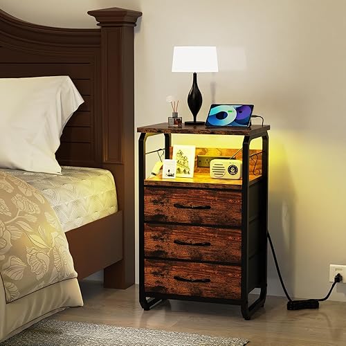 Miniatura 2 de Mesa auxiliar de cama con 3 cajones de tela, mesita de noche con estación de carga, mesita de noche LED con ganchos, mesa auxiliar con