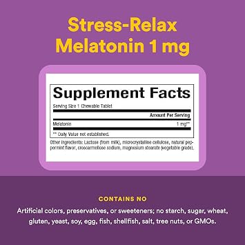 Stress-Relax Melatonin 1 mg by Natural Factors, Natural Sleep Aid, Resets the Sleep-Wake Cycle, 180 chewable tablets (180 servings), Peppermint Flavor