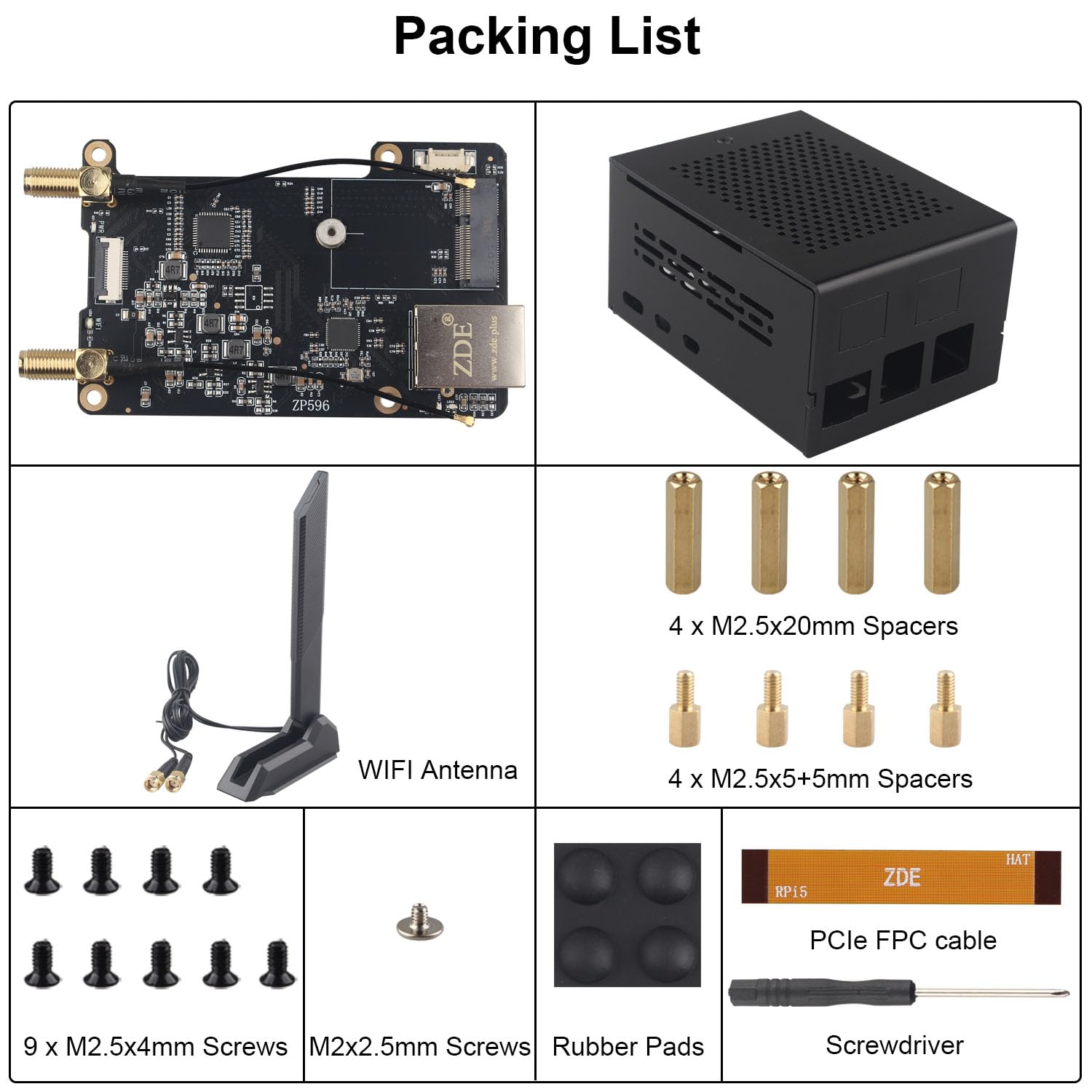 ZDE ZP596C PCIe to M.2 E Key HAT Magnetic Base Antenna WiFi7 6 6E 5 PCIe to 2.5G Ethernet Network Port HAT with ZC506 Case for Raspberry Pi 5 Support Google TPU WiFi 7 BE200 WIFI6E AX210 MT7922 WIFI6