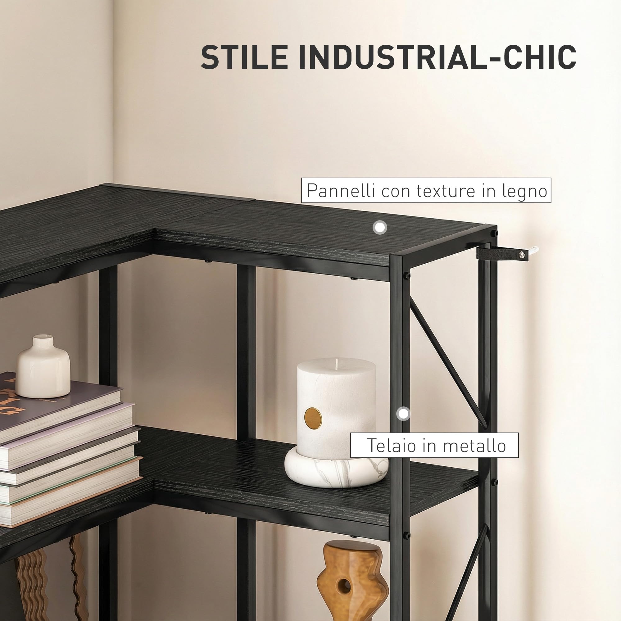 HOMCOM Libreria ad Angolo a 7 Ripiani 60x60x198 cm Nero | Libreria Angolare, Scaffale Salvaspazio Slim, Scaffale Portaoggetti Industriale, per Soggiorno, Camera da Letto, Ufficio