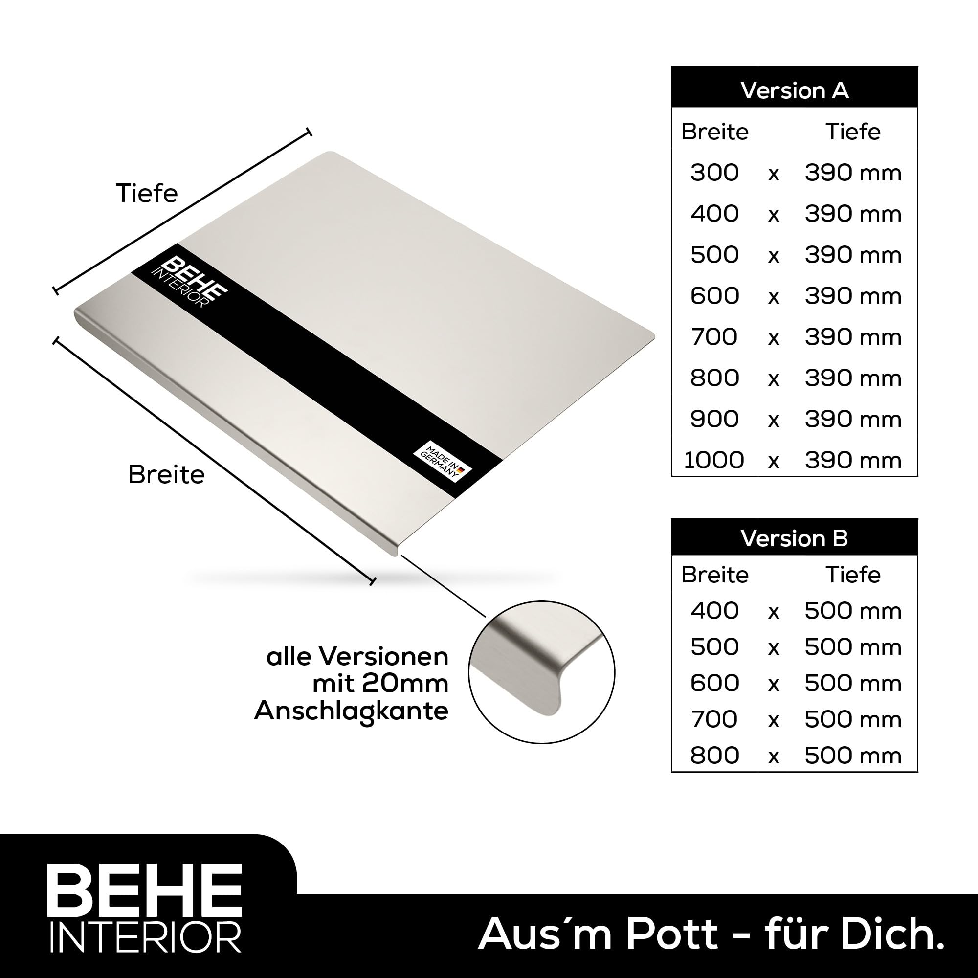 BEHE - Edelstahl Arbeitsplatte [versch. Größen], Rutschfestes Knetbrett für Teig zum Backen, Küchenarbeitsplatte, Schneiden und Kneten, Teigbrett, Nudelbrett, Backbrett für die Küche (B60 X T50cm)
