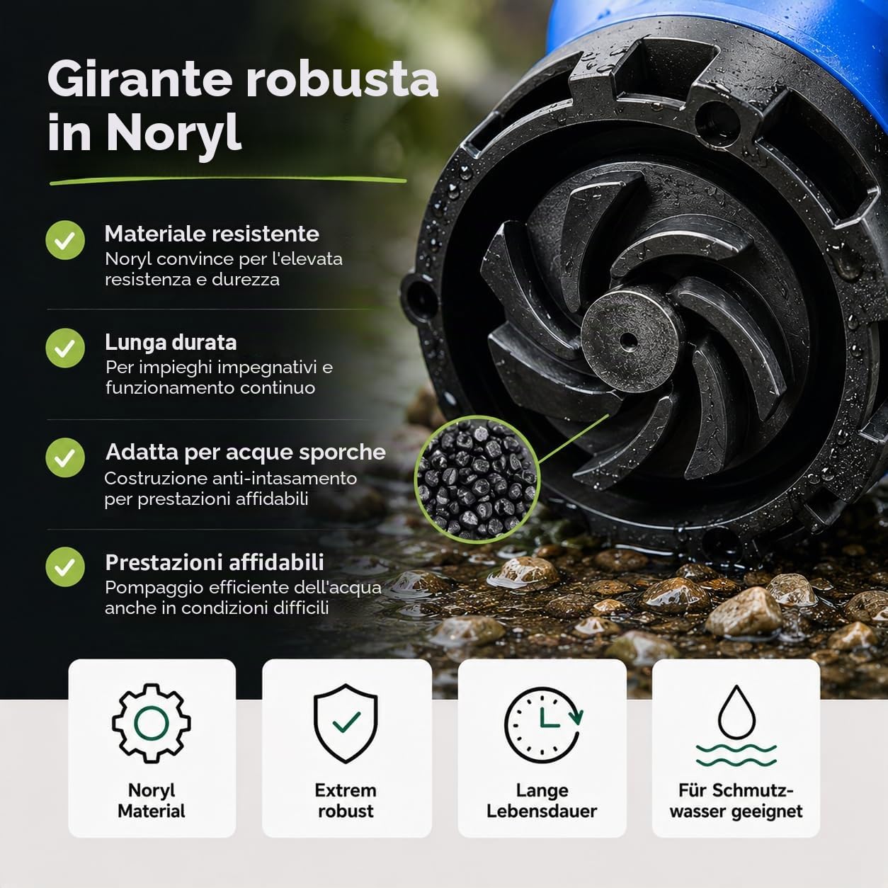 Pompa per acque luride 7500 l/h con 400 Watt – max. 5 m di altezza di consegna & 4 m di profondità di immersione, cavo da 10 m, protezione termica, robusta ruota in Noryl - Pompa sommersa per