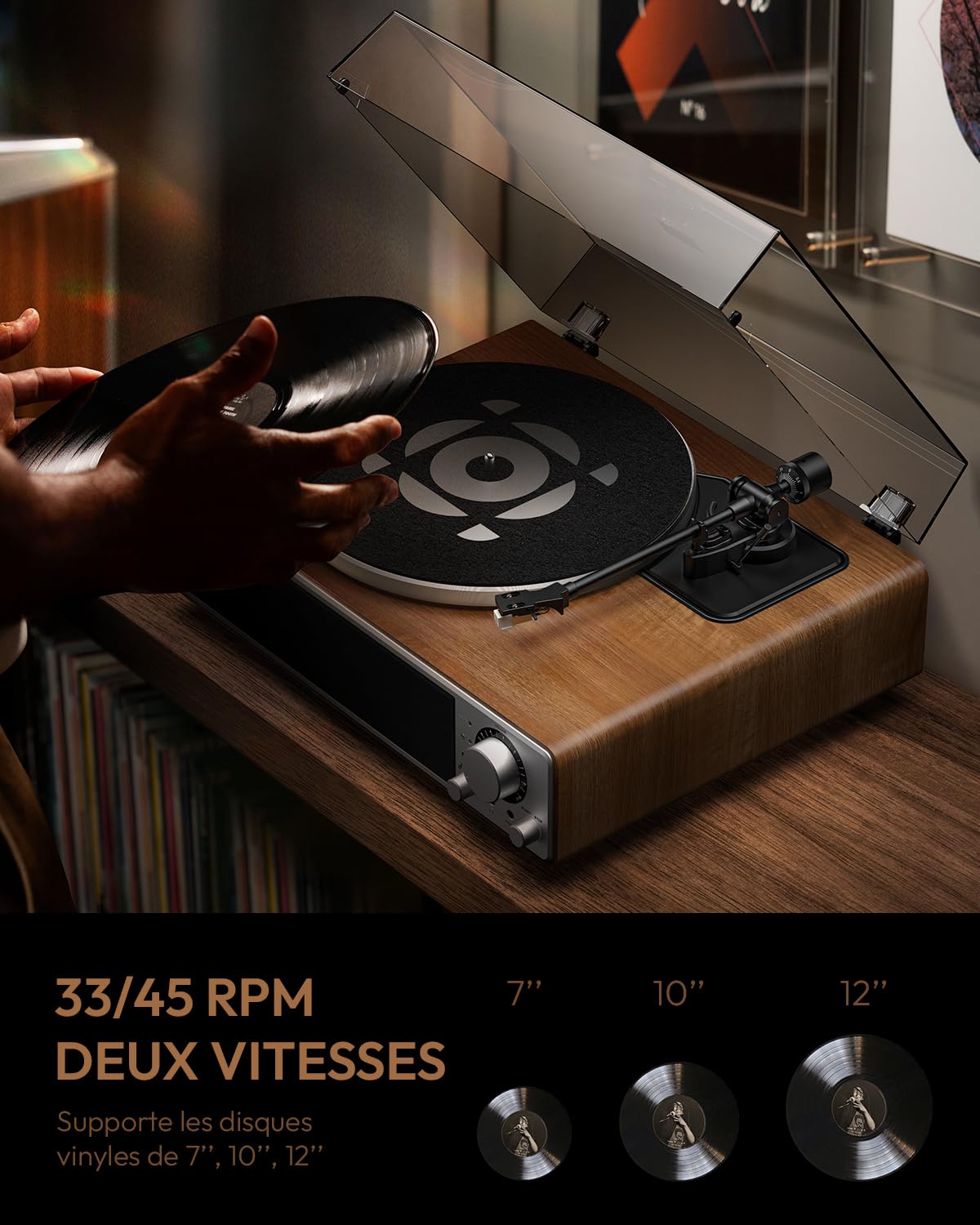 Qlearsoul One-Q Platine Vinyle Tout-en-Un avec Bluetooth 5.4, Platines HiFi avec Haut-parleurs Intégrés, Préampli Phono, Cellule AT-3600L, 33/45 RPM, Arrêt Automatique