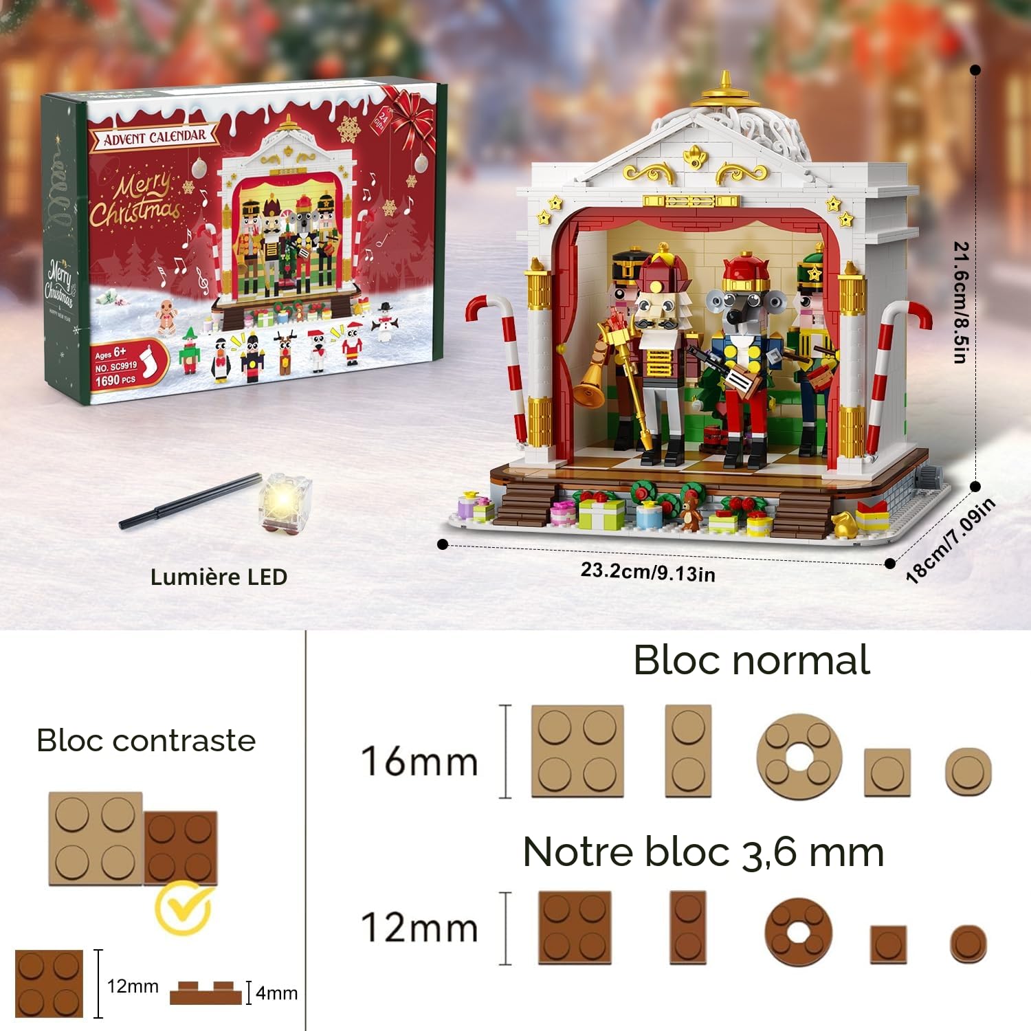 HOGOKIDS Calendrier de l’Avent 2025 Théâtre de Noël avec Lumière, Calendrier Compte à Rebours 24 Jours, Mini Blocs 3,6cm avec 4 Casse-Noisette & 8 Minifigures, Cadeau pour Adultes Filles Garçons 10+