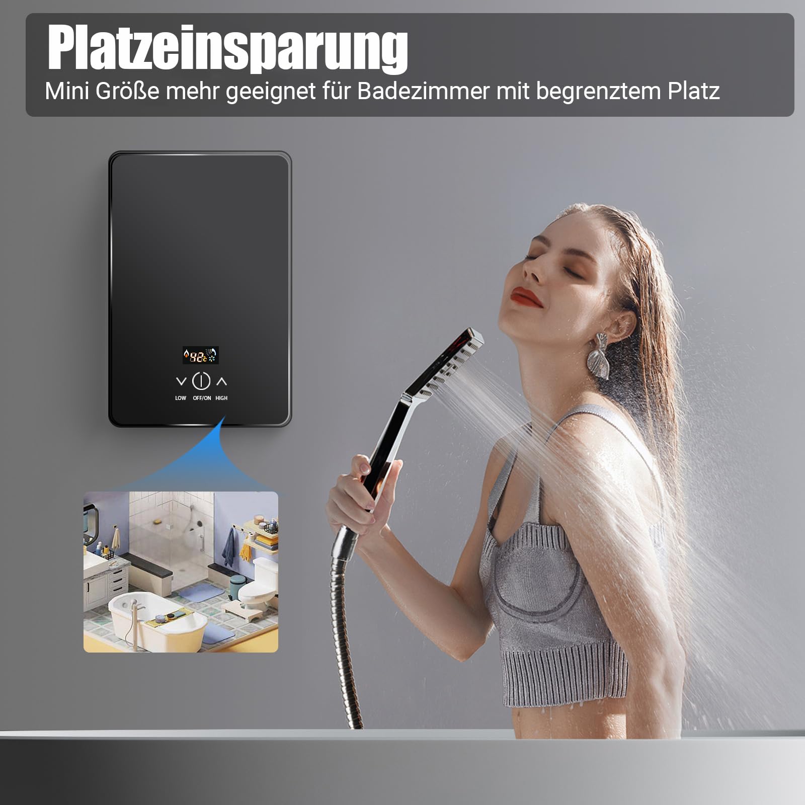 6500W Mini Durchlauferhitzer Dusche 230v Küche Elektrische Warmwasserbereiter with Duschdüse, Tankless Dusche Heißwassersystem mit Bad Dusche Kit, für Badezimmer Küche (Schwarz)