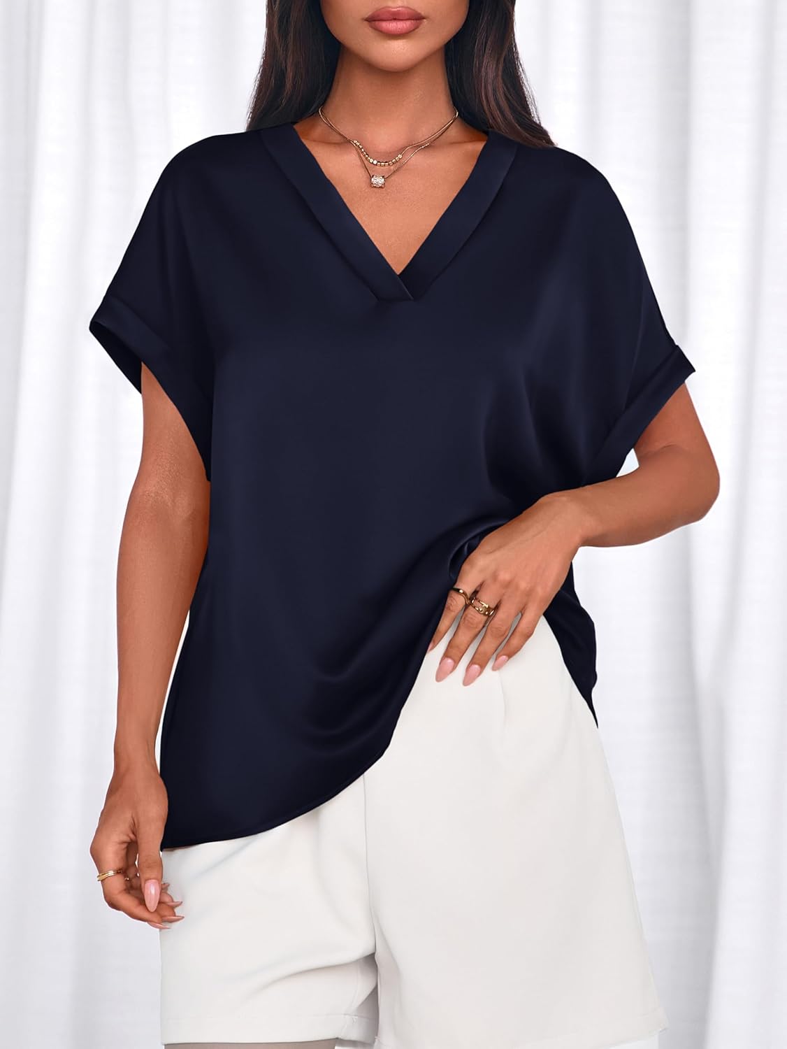 MASCOMODA Womens V Neck Silk Satin Tops Dressy Short Sleeve Work Blouses Spring Summer Loose T Shirts Business Casual Outfits - Image 4