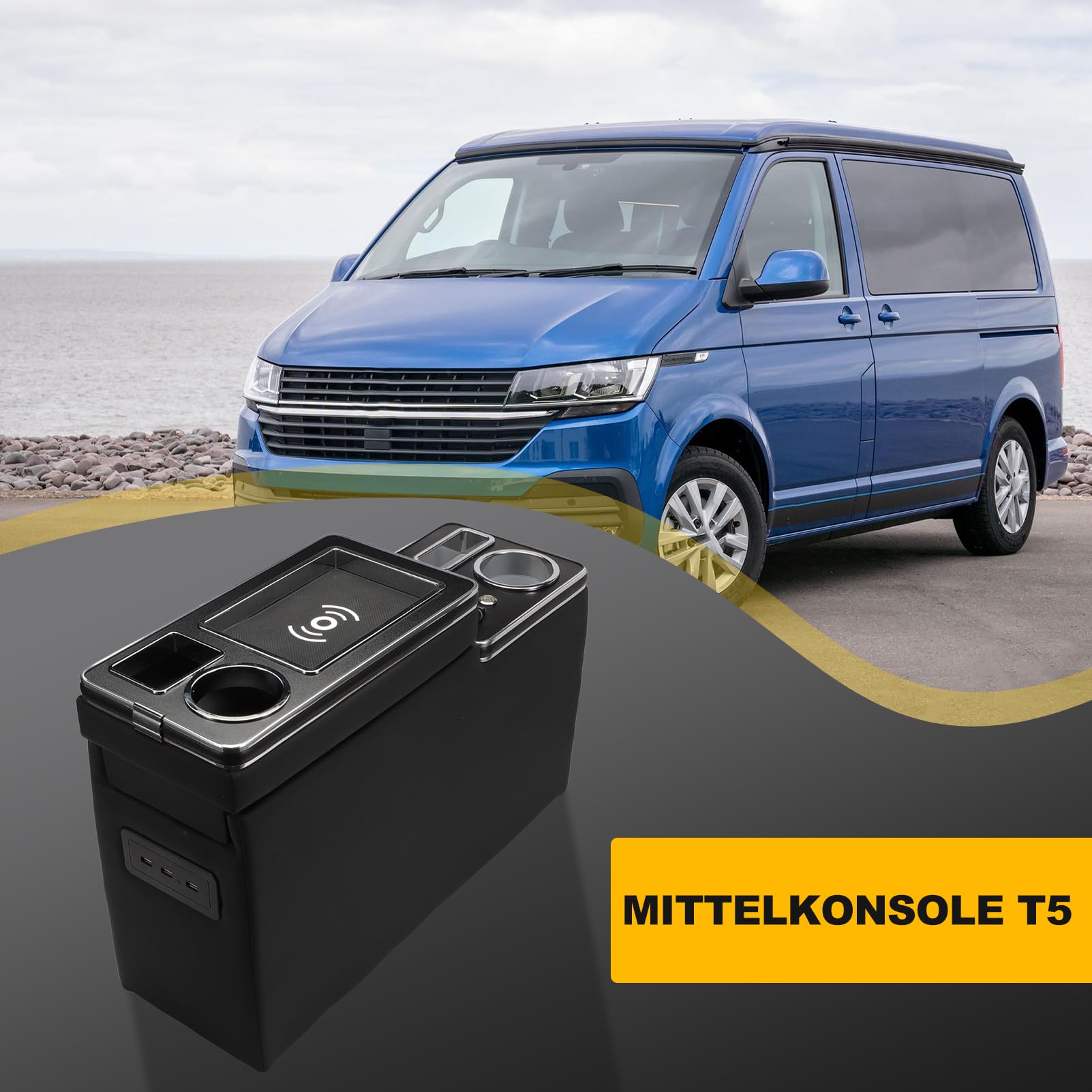 Konsola środkowa do VW Bus T5, T6, T6.1, konsola środkowa, pudełko z półkami, schowek z bezprzewodowym ładowaniem, USB i LED, zapalniczka samochodowa, czarna konsola środkowa, akcesoria