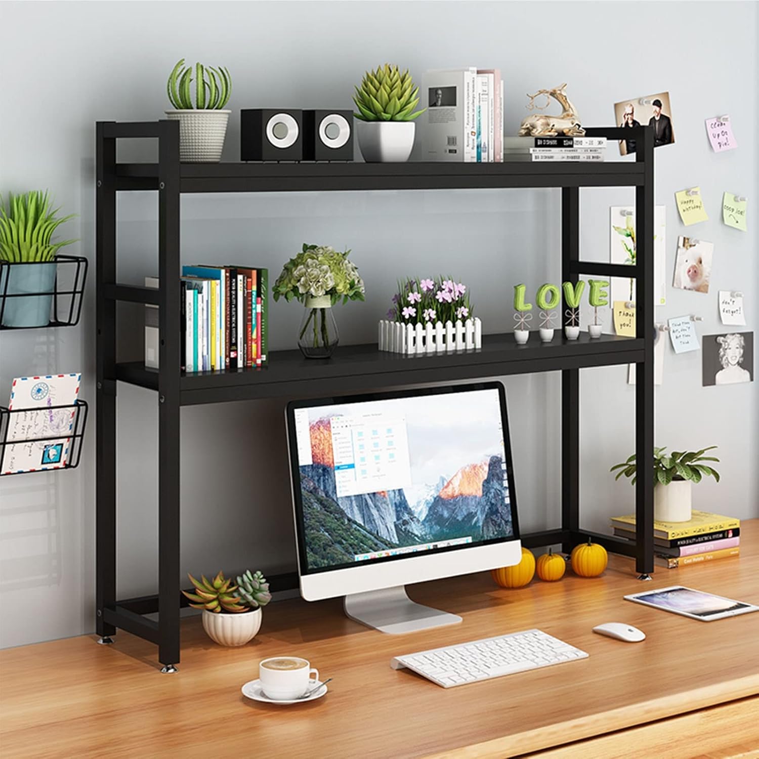 2Tier Wrought Iron Bookshelf Shelf Adjustable Office Desktop Storage Rack, Living