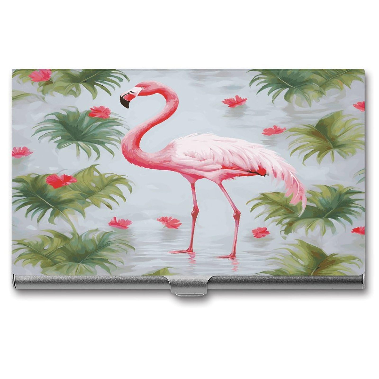 LDGSUPH White Flamingo Business Card Holder Fashion Slim Name Card Holder Minimalist Design Case Metal Card Carrier Personalized Business Card Case with Flip for Men Women