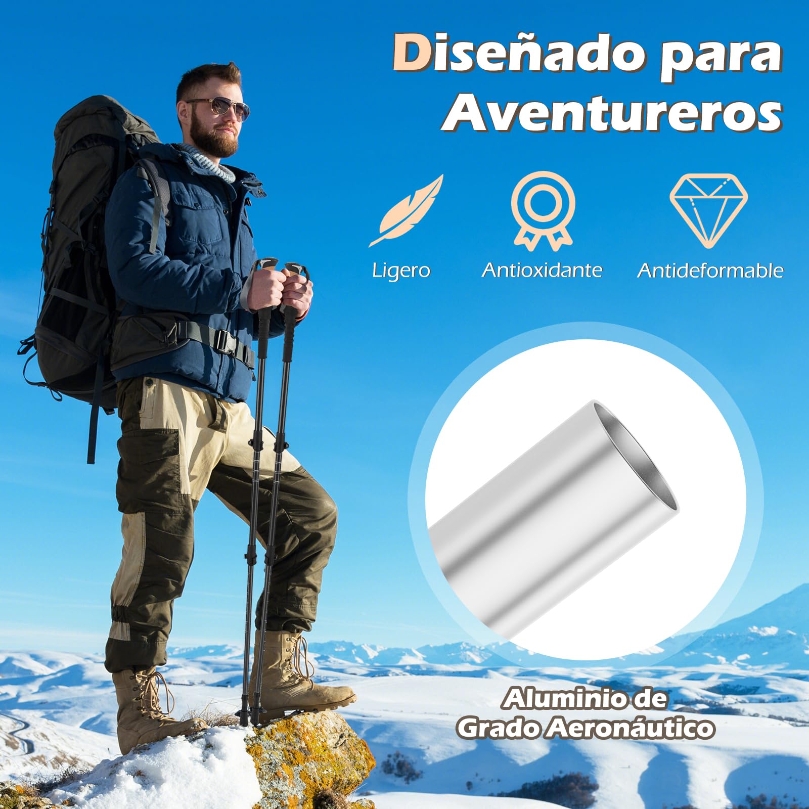 COSTWAY Bastones de Trekking de Aluminio, Bastones Marcha Nordica Plegables Ajustar la Longitud, Par de 2 con Empuñaduras de EVA y Corcho Natural, Bloqueo Rápido, Accesorios para Todo Terreno