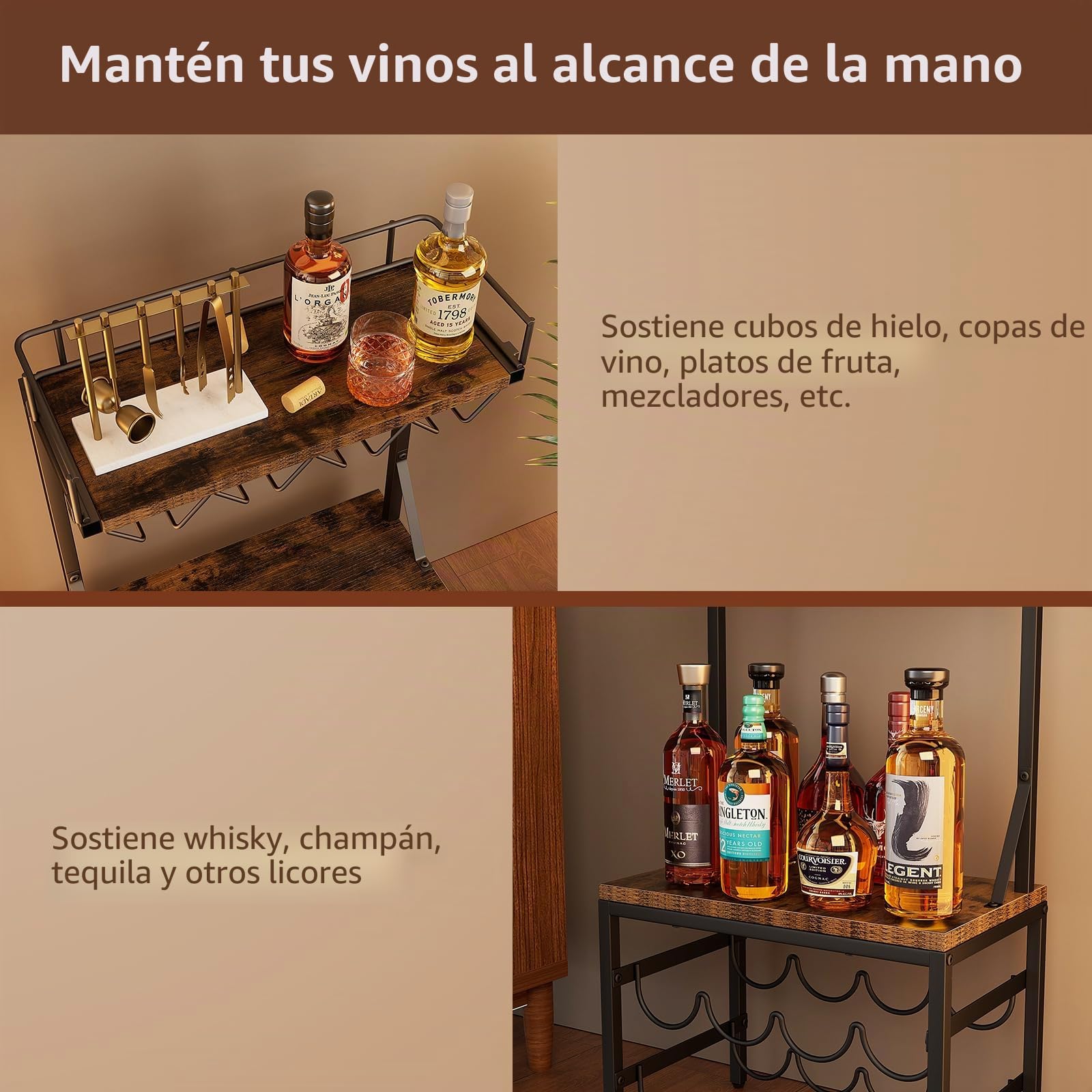 Nuovoware Armario para licores de 3 estantes, Soporte para 8 Botellas, Marrón+Negro