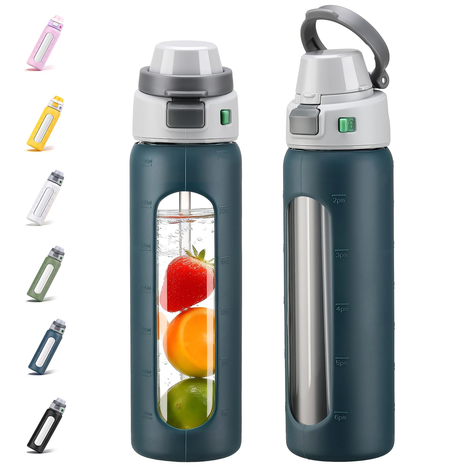 BLUEGO 2-in-1 Borosilikatglas Trinkflasche mit Strohhalm für Sport und Reisen, Trinkflasche 700ml mit Silikonhülle, Auslaufsicher, BPA-frei, Dunkelblau