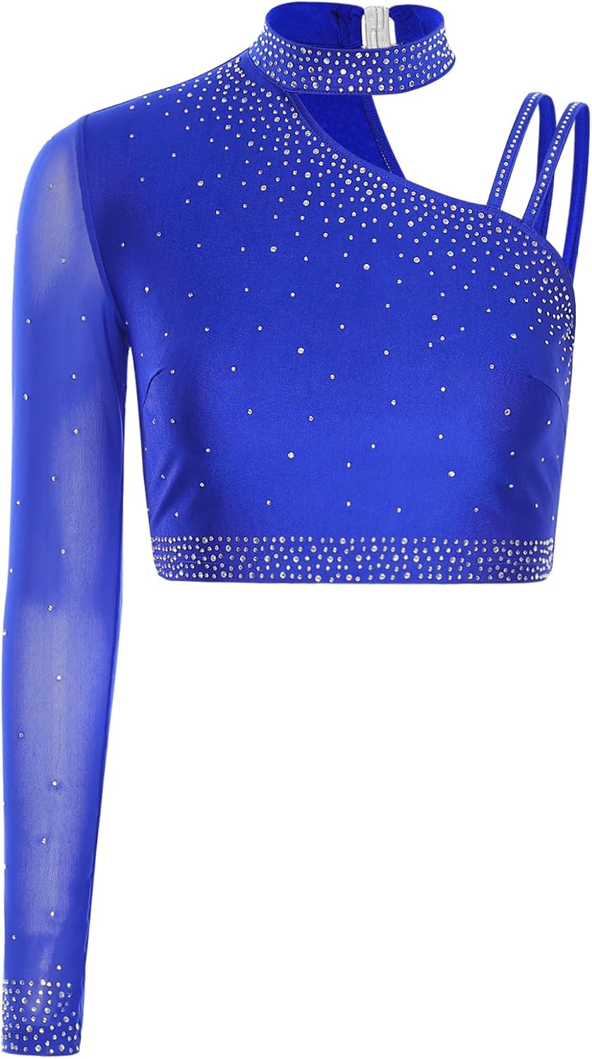 Adult Women'S Lyrical Dance Outfit Morden Contemporary Dancewear One Long Sleeve Crop Top with Wide Leg Skort Pants Royal Blue XX-Large