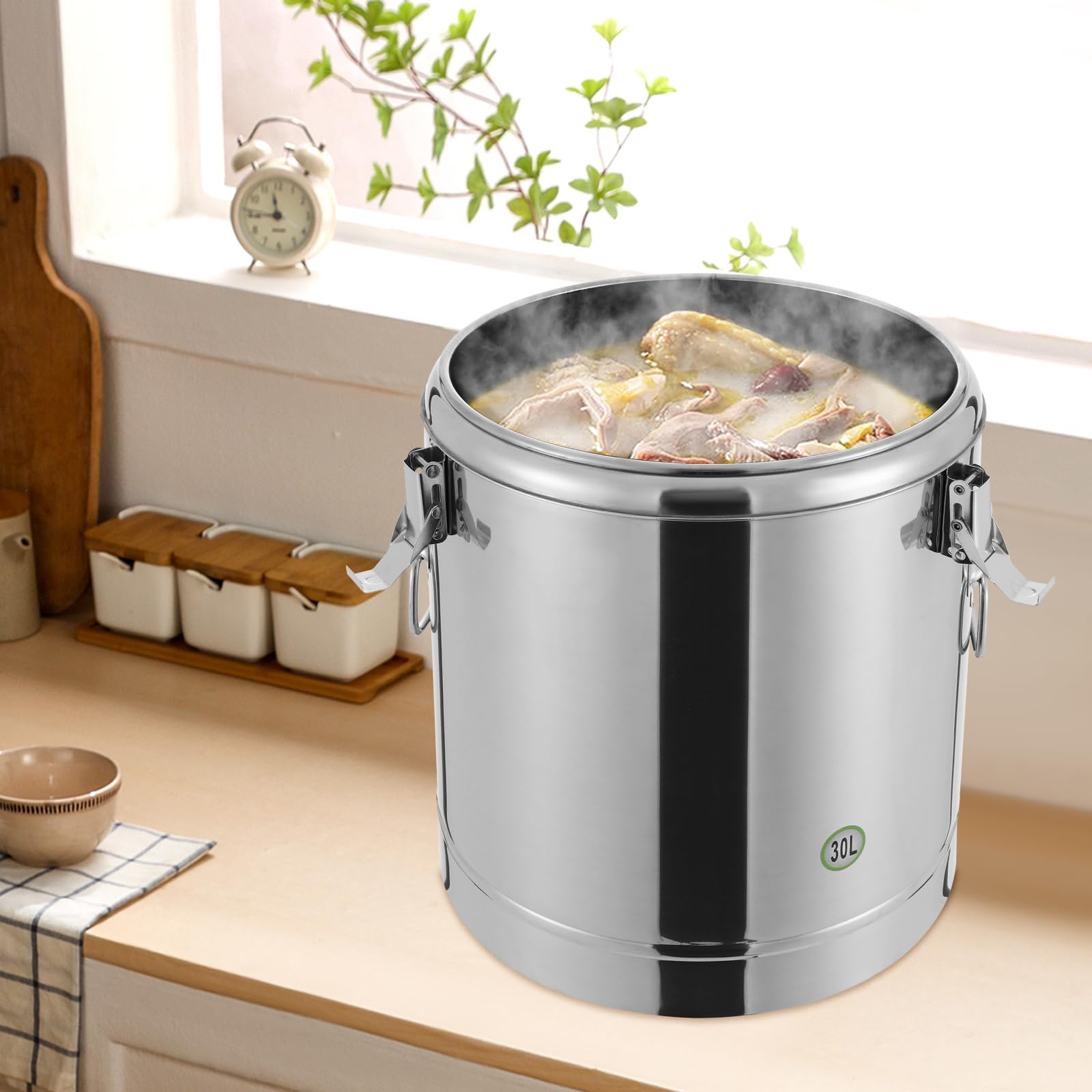 Contenitore isolante in acciaio inox, 30 l, contenitore termico per alimenti, contenitore isolato per il trasporto gastronomico, con manici e coperchio, thermos per mense, ristoranti e hotel