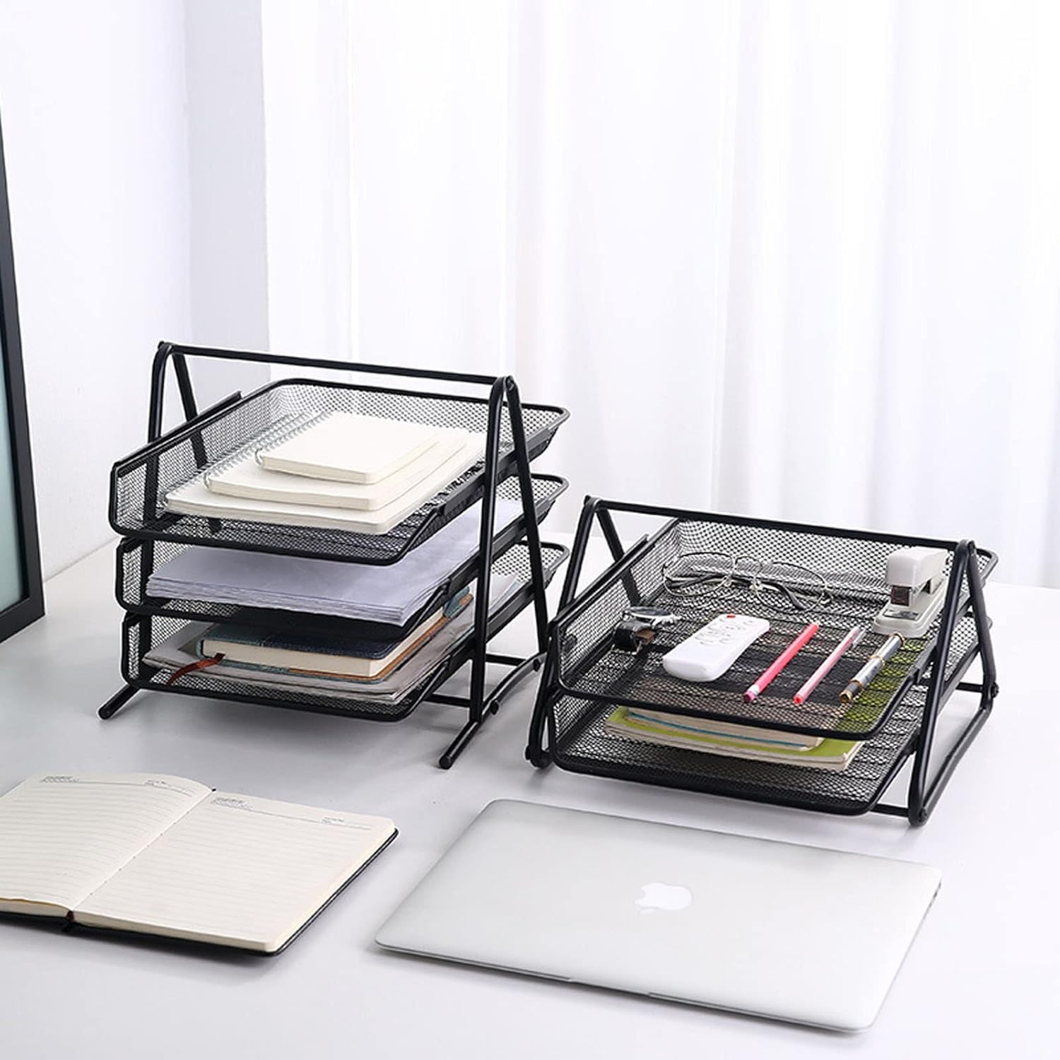 KACHKIT 2 Tier Document, 2 Desk File Tray, 2Tier Metal Mesh A4 Files documents Papers Folders Holder File, Paper, Letter, Office, Desktop Tray Organizer, (Black ; Sliding Shelf ; Set -1). (2 Tier) 2