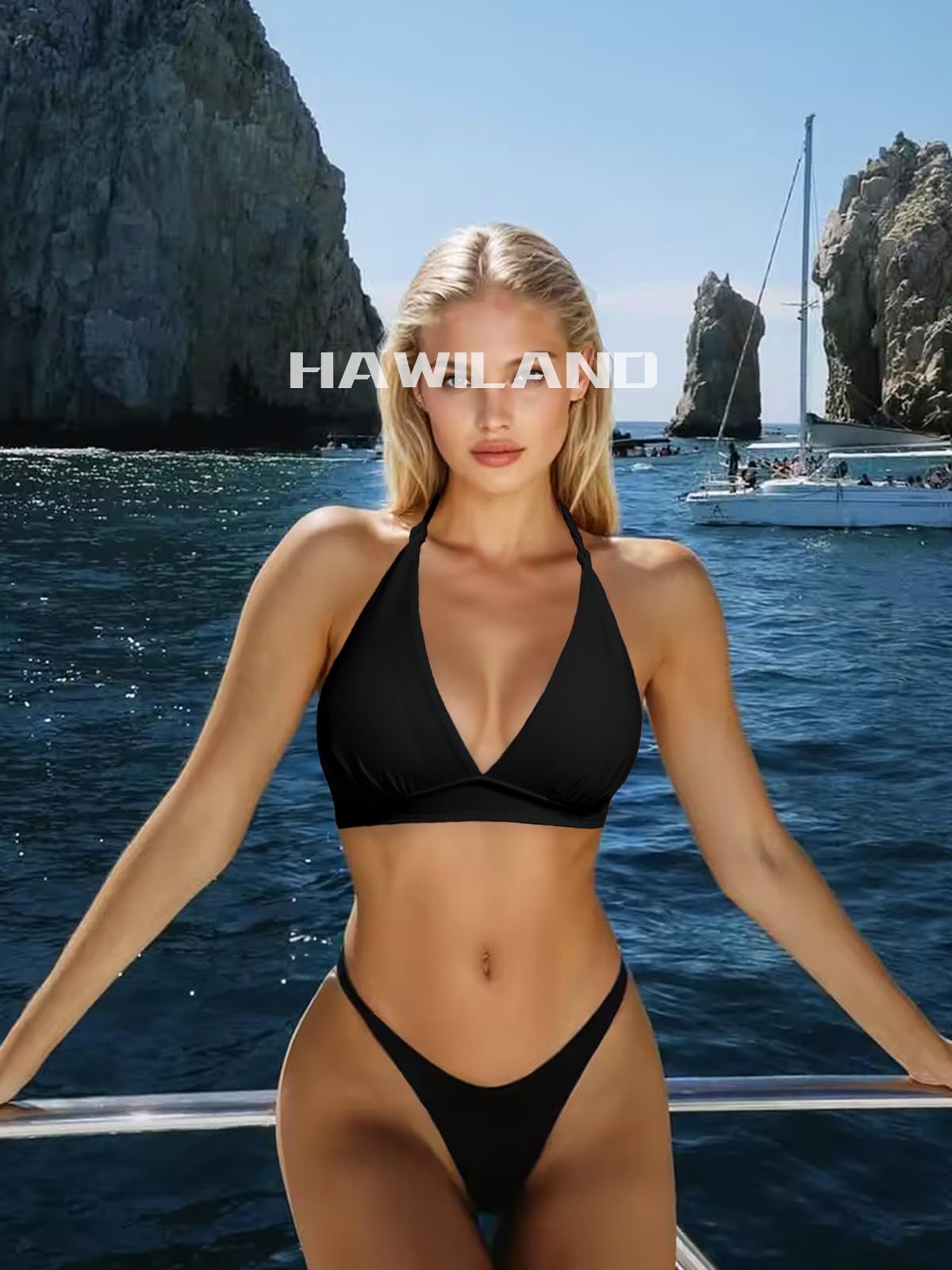 HAWILAND Push Up Bikini Oberteil Damen Sportlich Neckholder Bikini Top Retro Sexy Bikini mit Schnürung abnehmbaren Pads