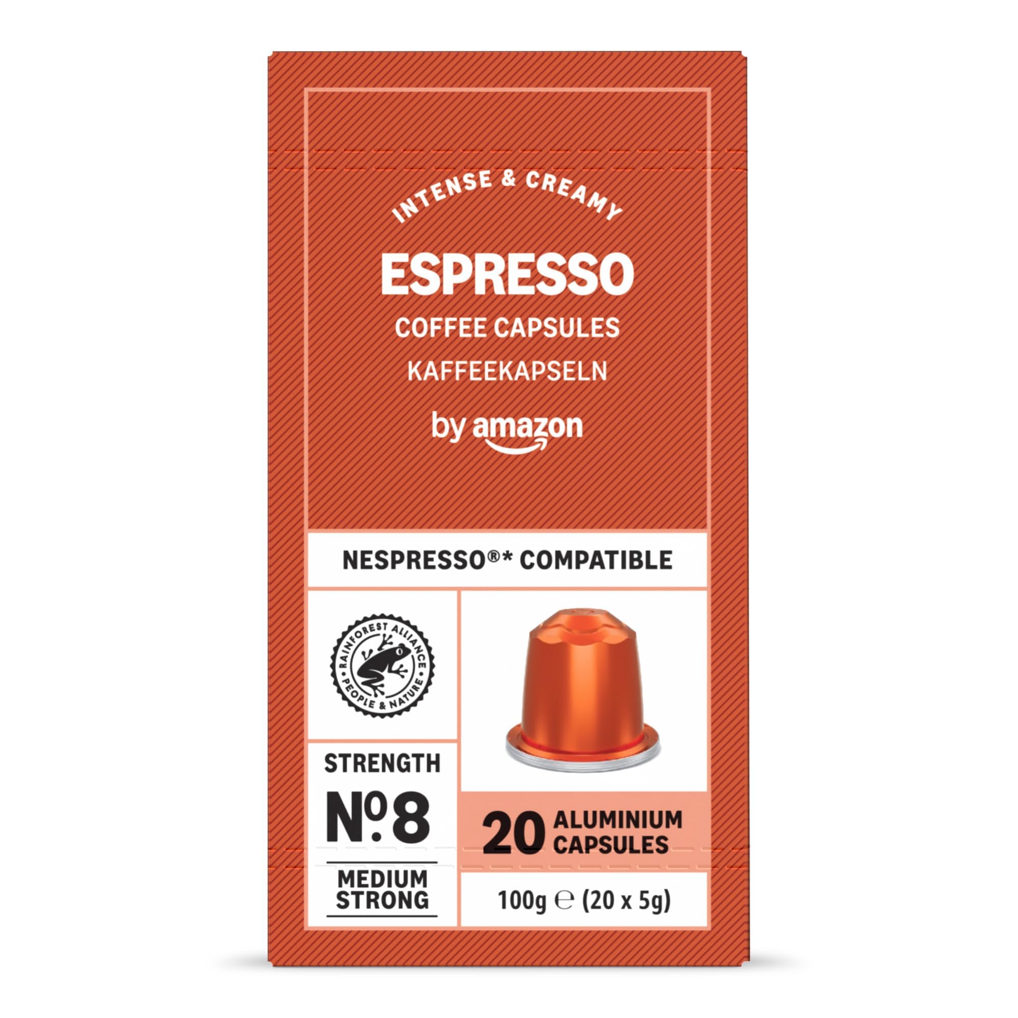 by Amazon Espresso Aluminium Coffee Capsules Compatible with Nespresso, Light Roast, 20 Count - Rainforest Alliance Certified