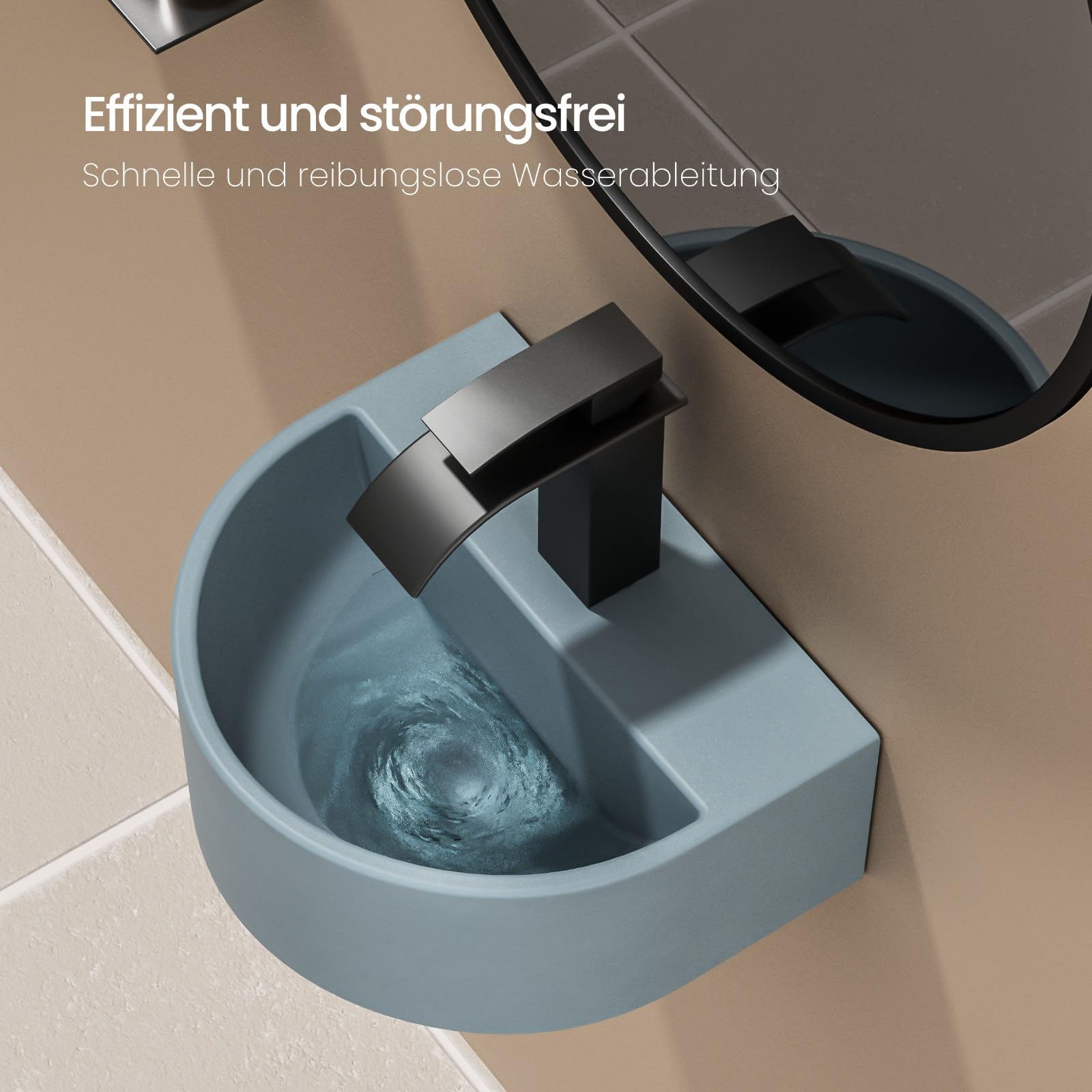 EMKE Lavabo ovalado de 30,3 x 25,5 x 12 cm, lavabo de cerámica para baño de invitados, lavabo colgante de diseño, lavabo colgante azul pastel mate