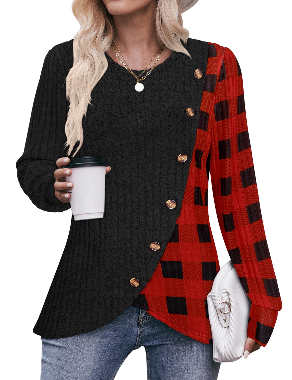 Flikity Pullover Damen, Lässige Oberteile mit Rundhalsausschnitt, Damen Oberteile mit Langen Ärmeln, Knöpfe an der Seite, Tunika Sweatshirts, Frühling Herbst Winter Kleidung