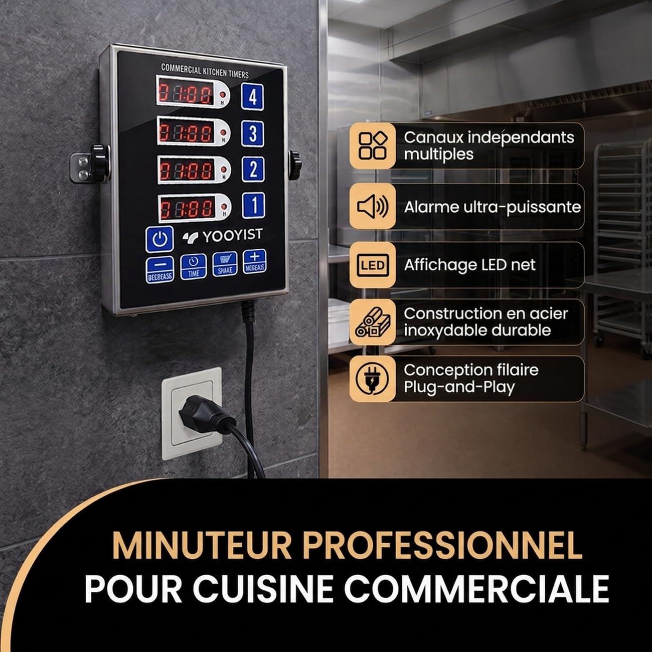 Minuterie de Cuisine Commerciale à 4 Canaux Minuterie de Restaurant Numérique Professionnelle Multi Calculagraphe Alarme Forte Camion de Nourriture Cuisson Acier Inoxydable Robuste