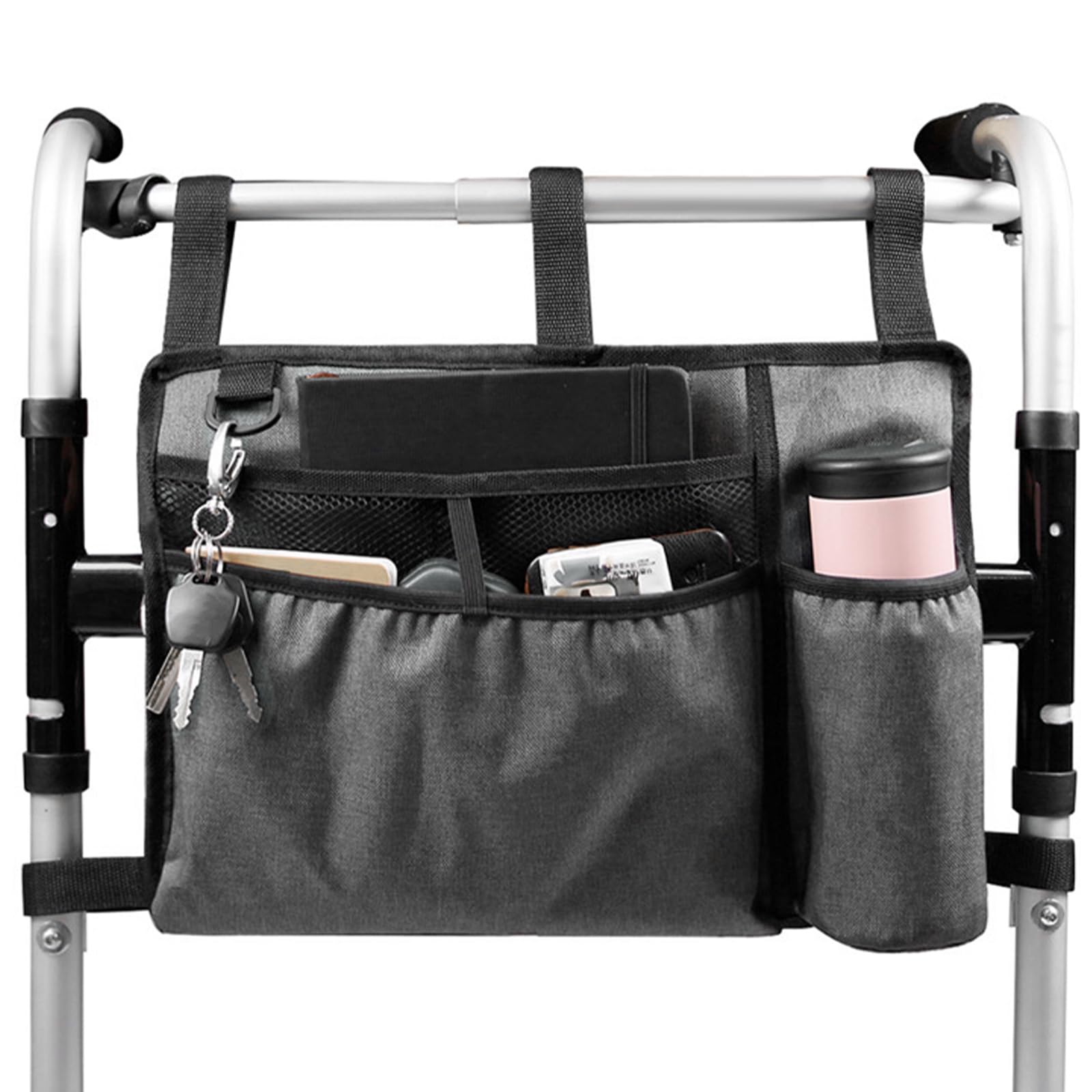 Alongen Grey Large Walking Frame Bag With Cup Holder, Wheelchairs Storage Organizer Bag Walker Rollator Storage Mobility Aid Accessory Pouch For Elderly(Grey)