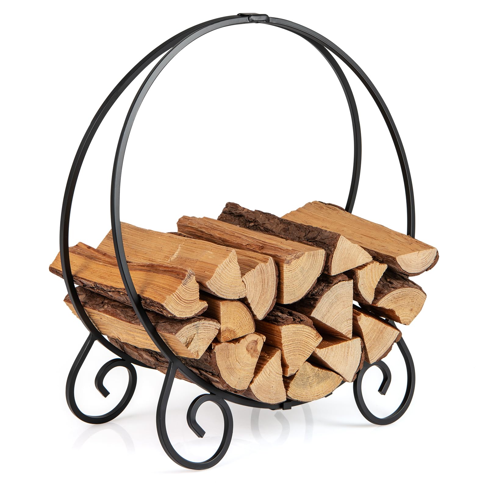 GYMAX Range-bûche Intérieur, Porte-Bûches Rond avec Jambes Surélevés, Support de Bois de Cheminée Métallique Esthétique avec Motif Florale, Capacité 270 kg, 59 x 27 x 64 cm, Montage Facile
