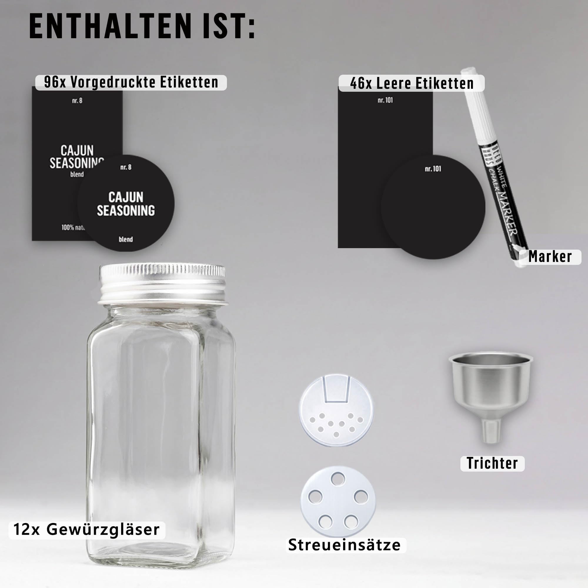 Deco haus® Gewürzgläser eckig mit Schraubkappe 12er Set [+Etiketten & Streueinsatz] - Gewürzdosen Set Glas - Gewürzbehälter Spice Jars - Gewürze Aufbewahrung - Behälter für Gewürze Gewürzaufbewahrung