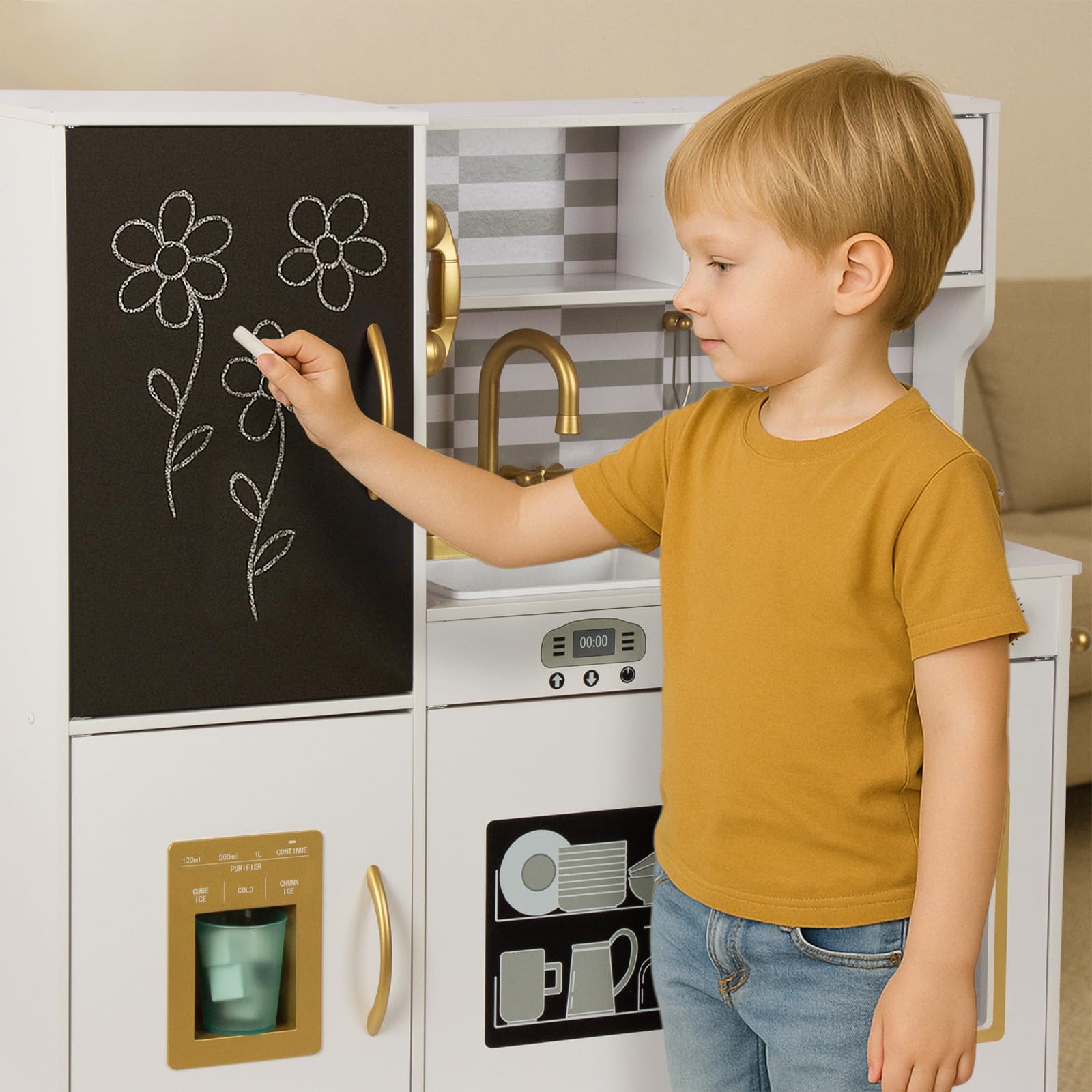 WOODENFUN Kinderküche Holz Spielküche für Kinder mit Blackboard, Telefon, Topf, Topfschaufel, Geschenk küche Kinder ab 3 Jahre(Milchweiß)