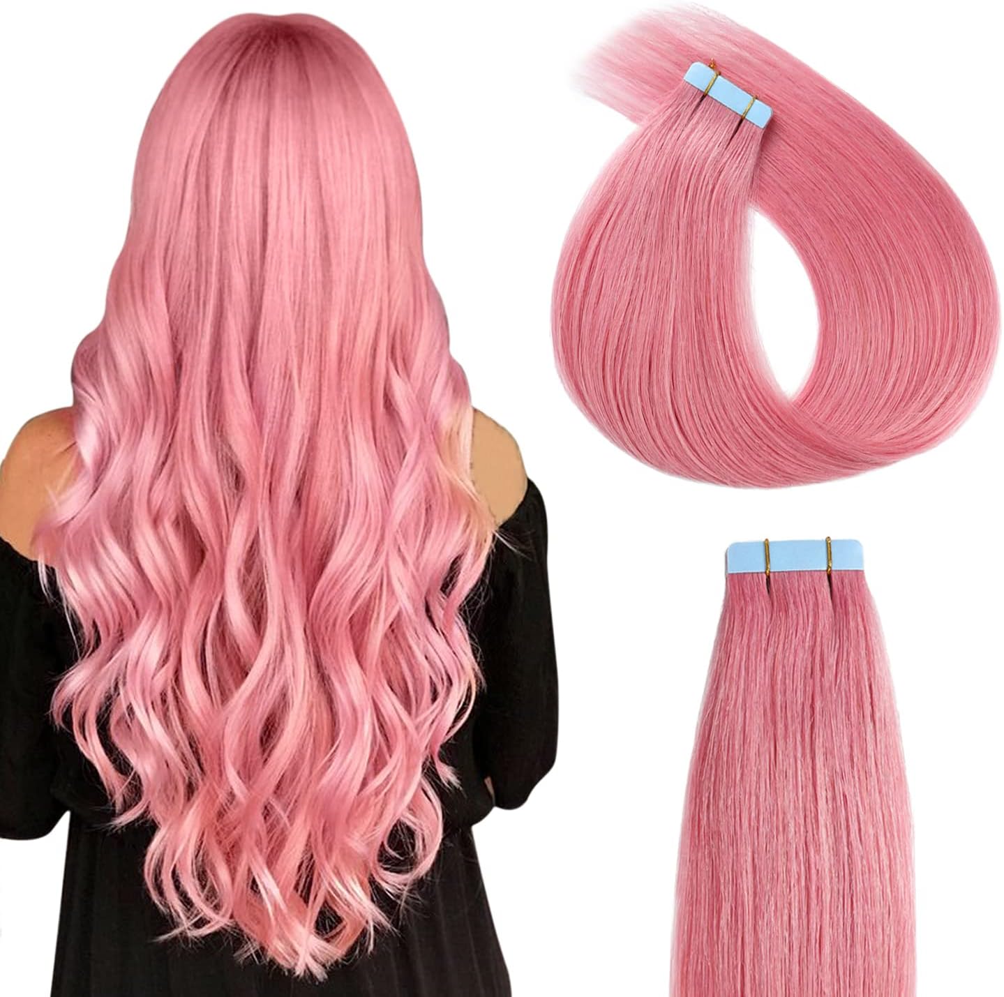 YILITE Tape in Hair Extensions Human Hair Hot Pink 16 inches 10pcs 20g