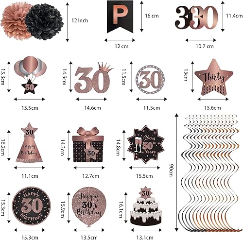 Miniatura 3 de BRT Bearingshui Juego de decoración de serpentinas colgantes de feliz cumpleaños 30, pancarta con pompones de seda, oro rosa y negro, decoración de